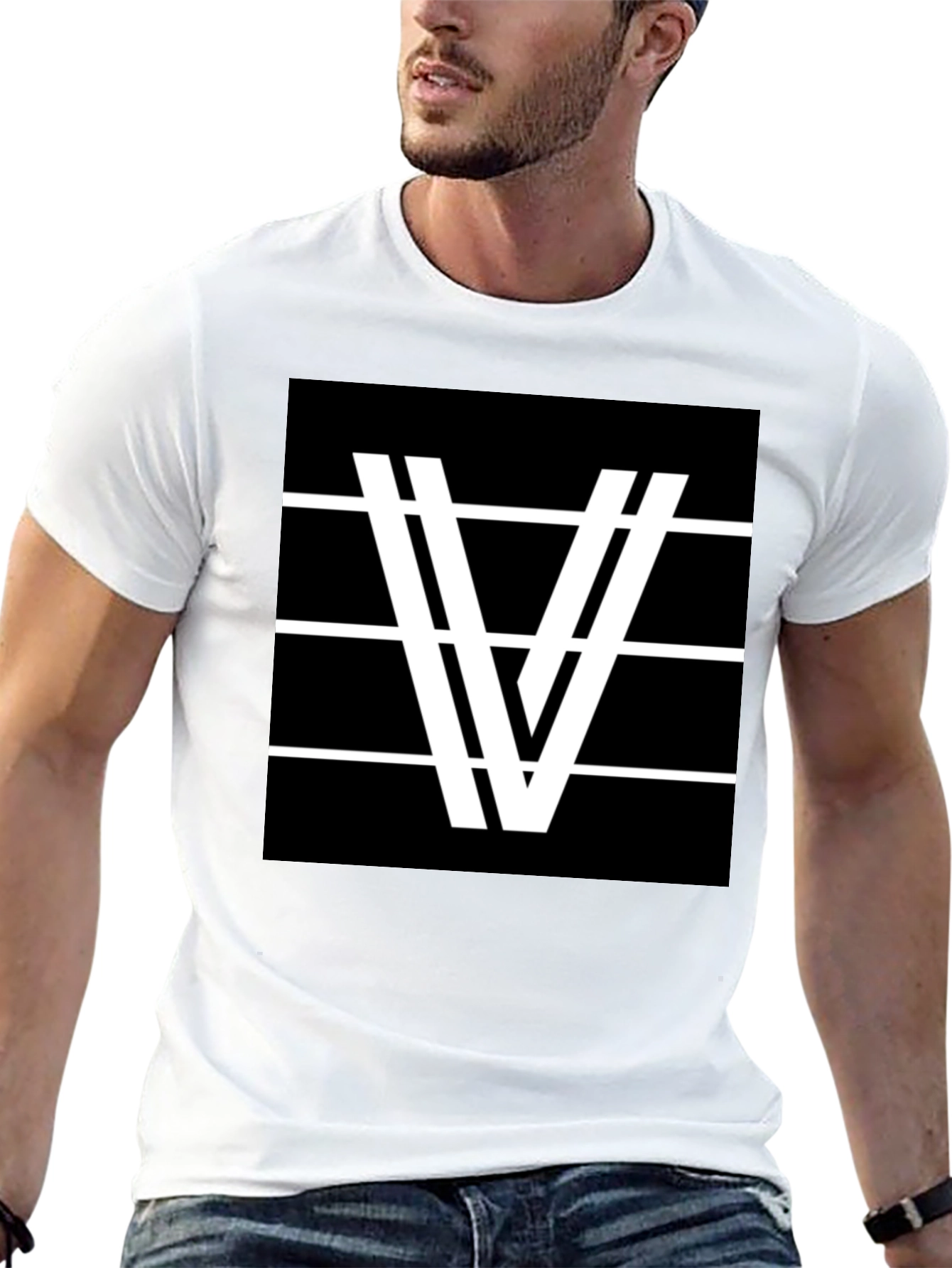 Modern Graphic Tee - Black with White V Design