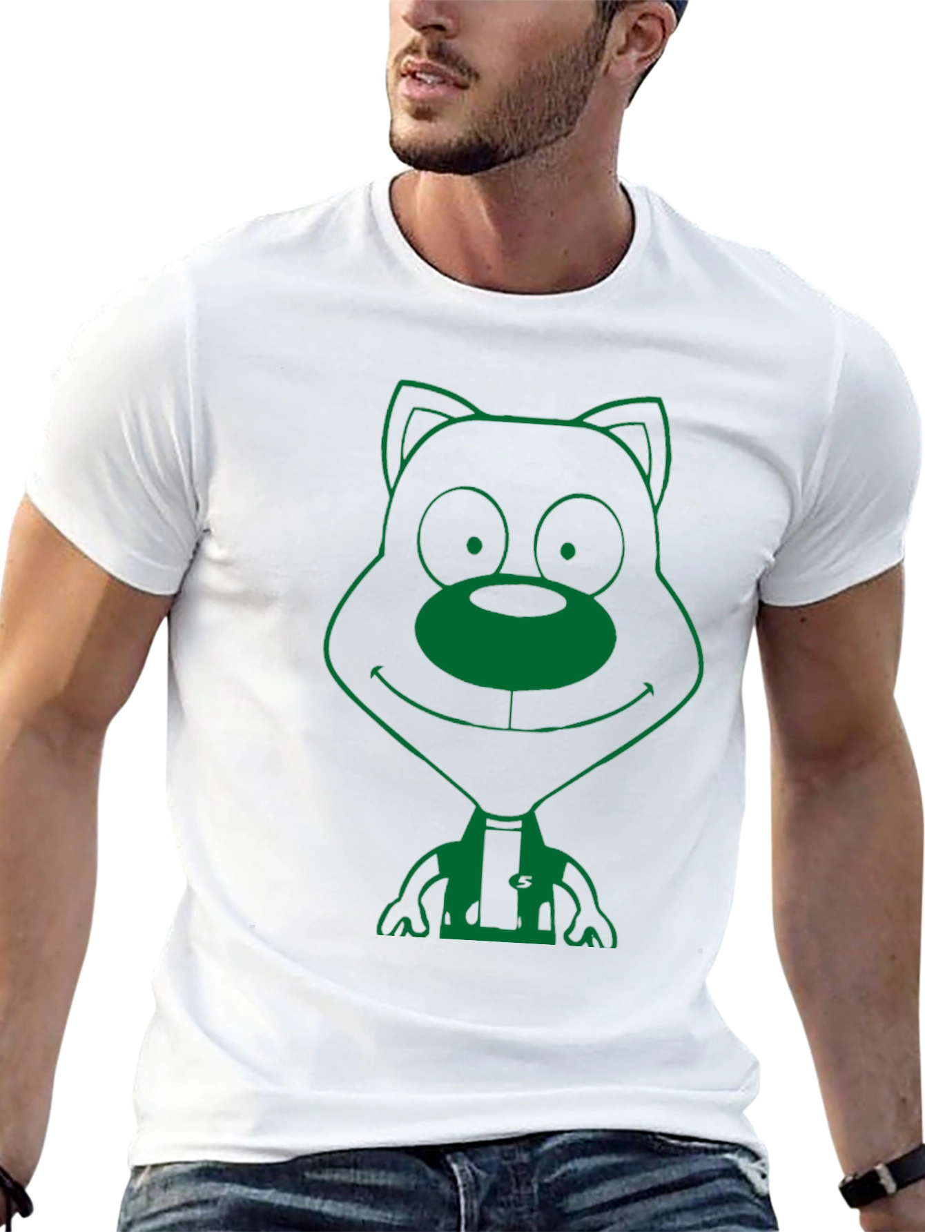Green Cartoon Bear Graphic Black T-Shirt