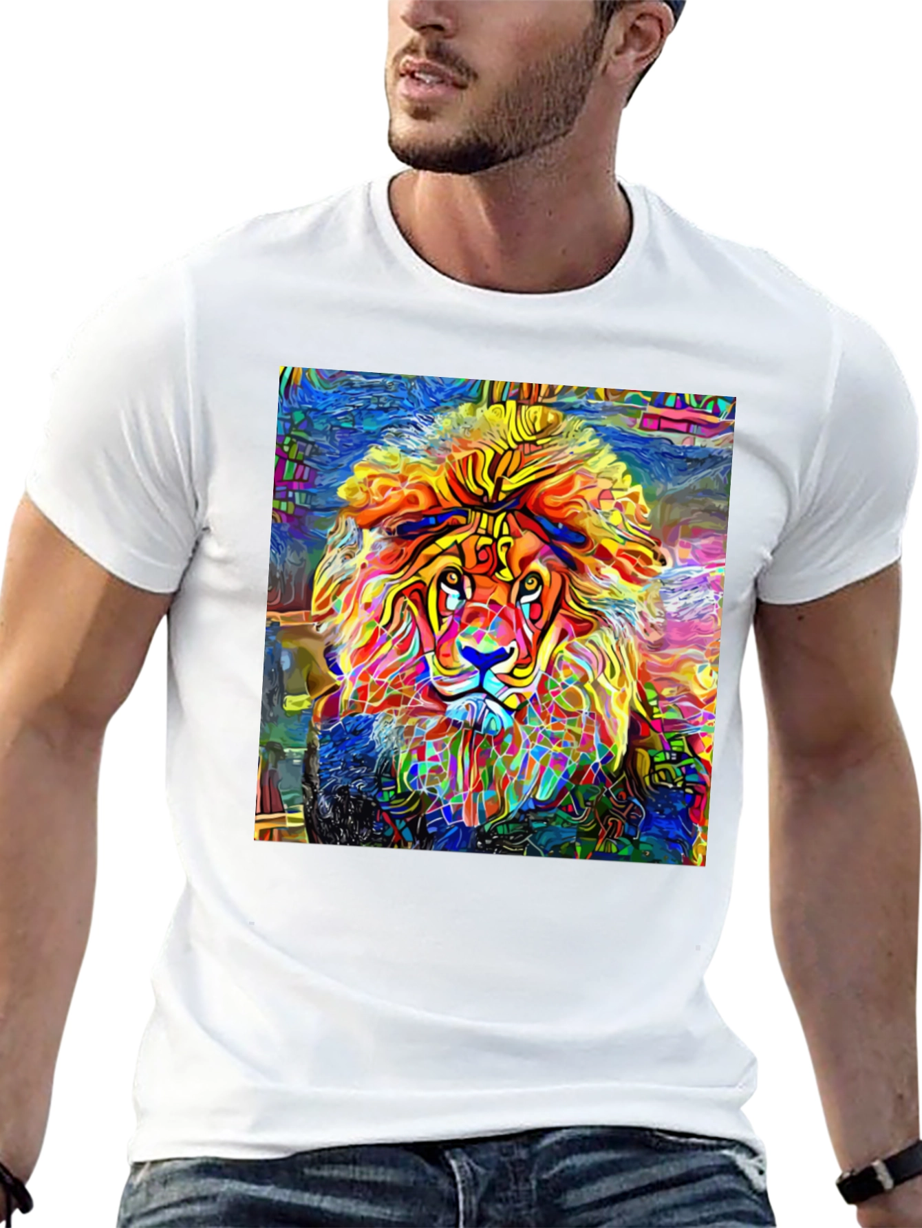 Vibrant Lion Graphic Black T-Shirt - Artistic Animal Tee