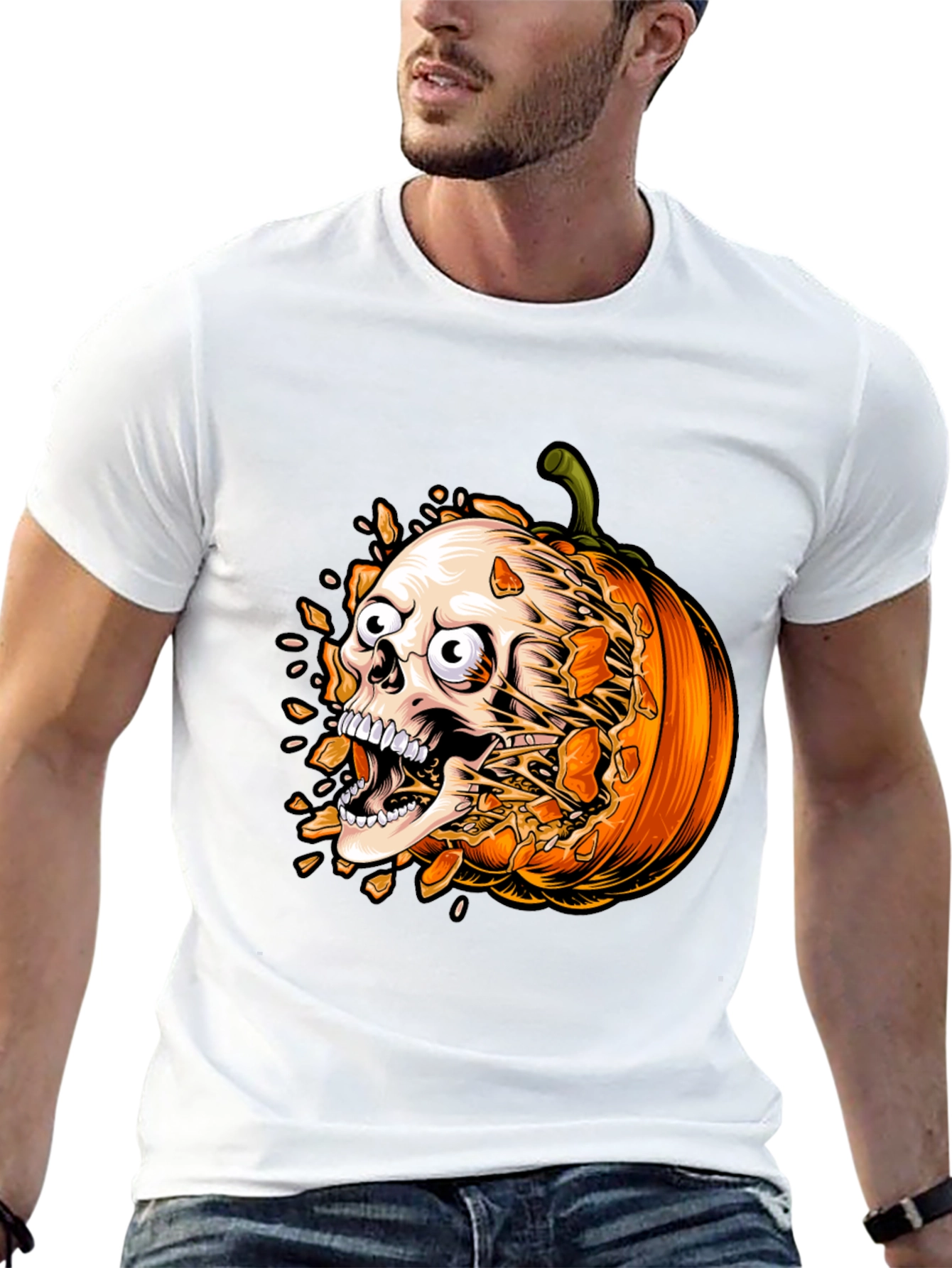 Skull Pumpkin Graphic Tee - Halloween Shirt