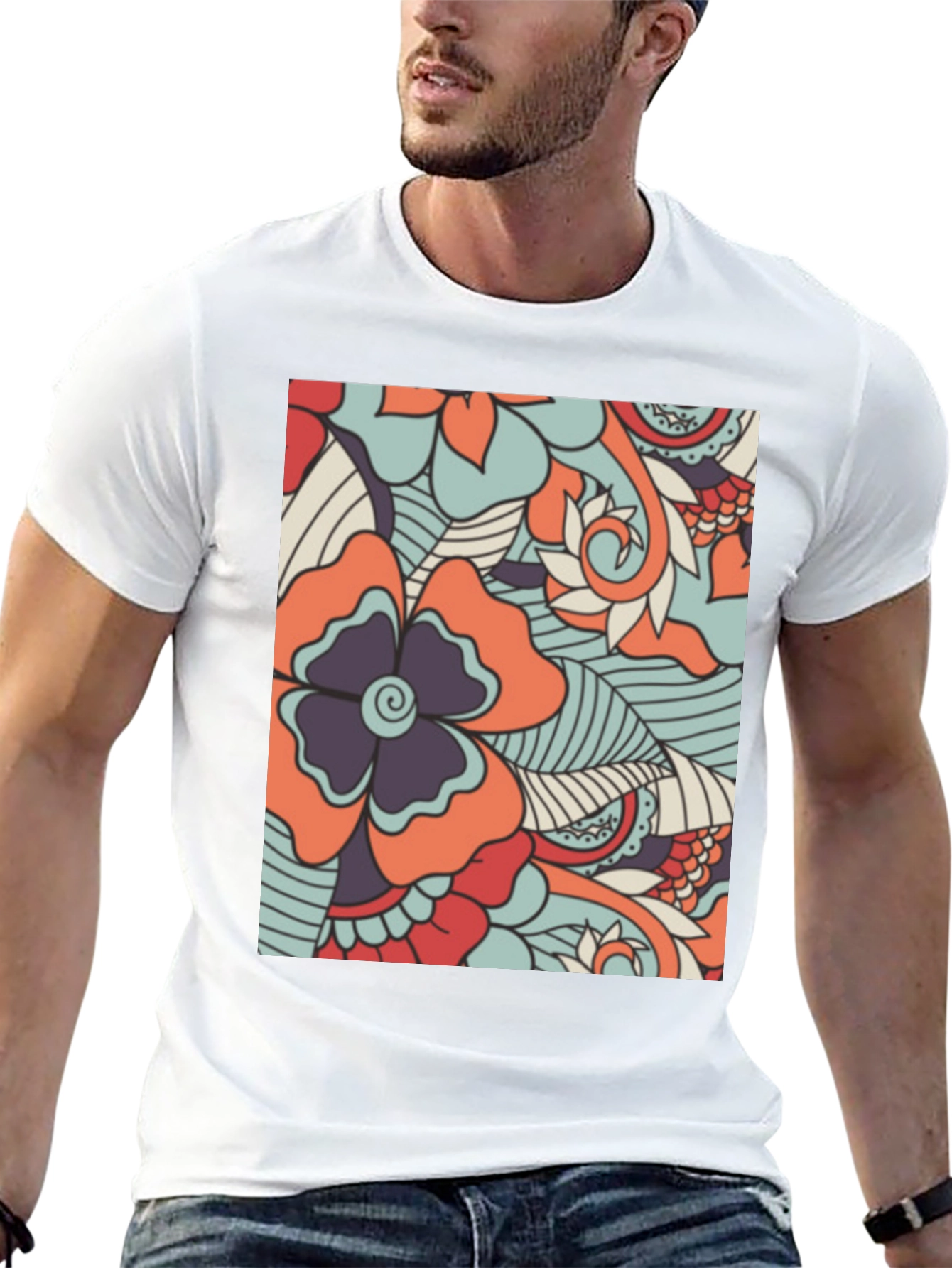 Floral Pattern Mens Black T-Shirt