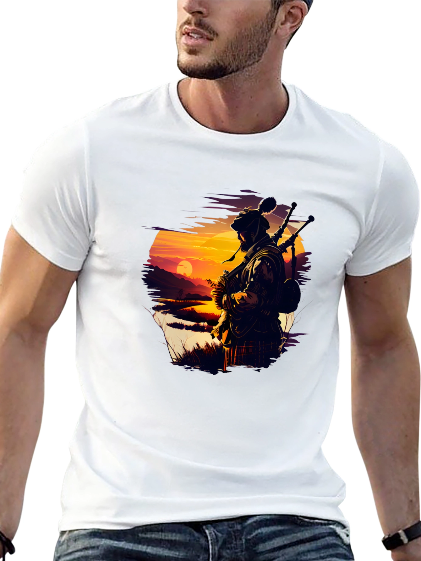 Scottish Piper T-Shirt - Sunset Silhouette Tee