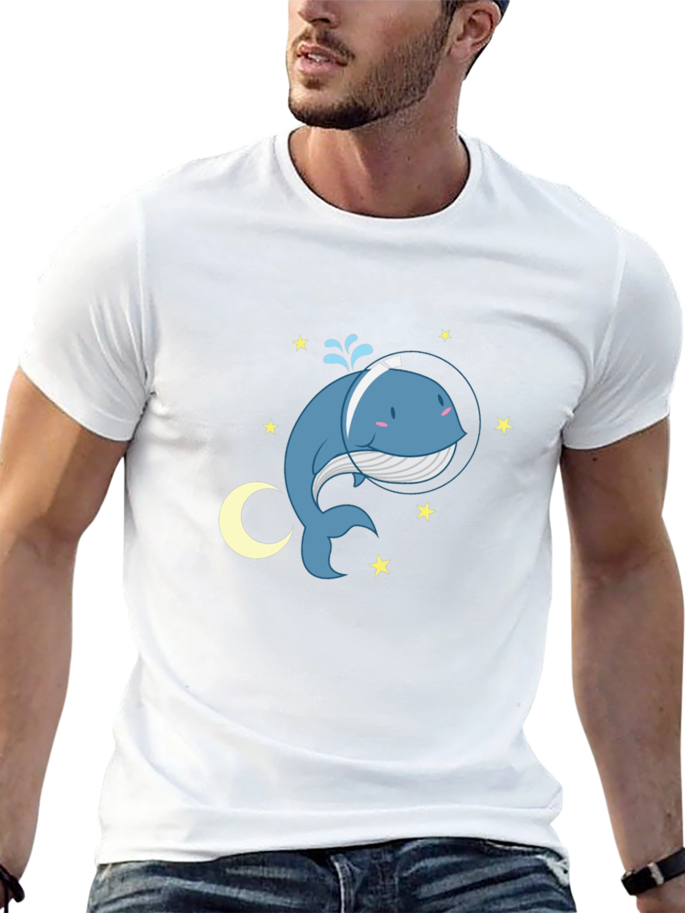 Cute Cartoon Whale in Space T-Shirt - Black