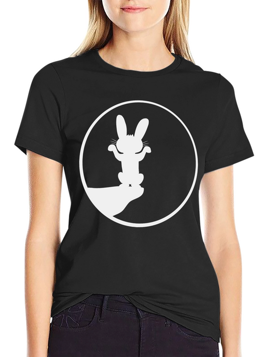 Black T-Shirt with Rabbit Shadow Art Graphic