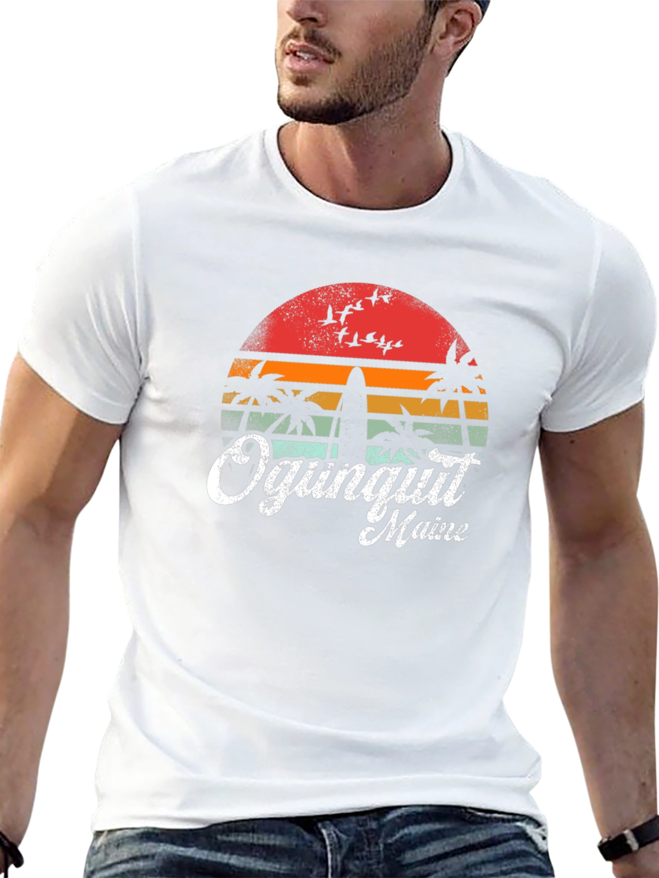 Ogunquit Maine Surfboard Retro Sunset T-Shirt
