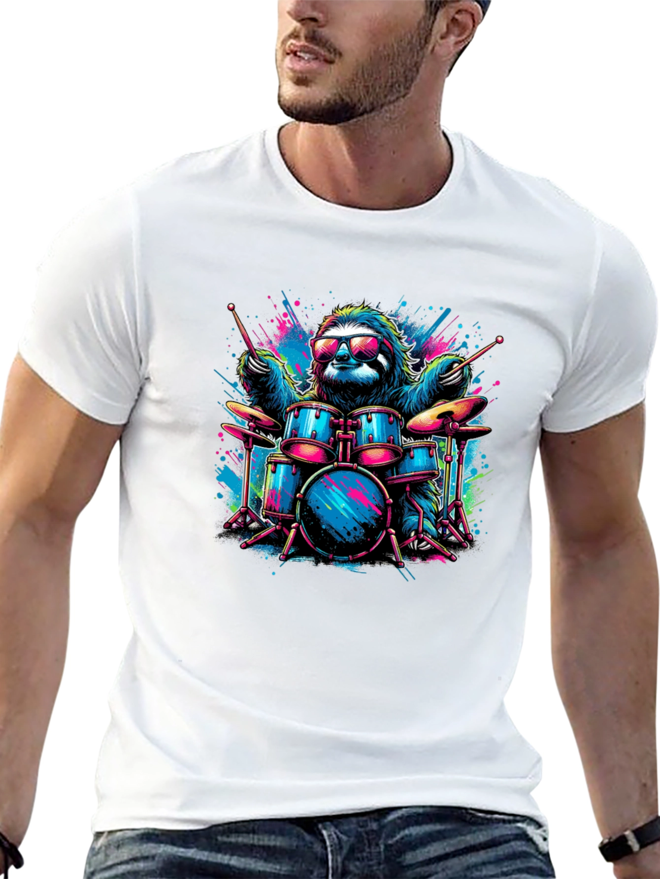 Cool Sloth Drummer Graphic T-Shirt - Black