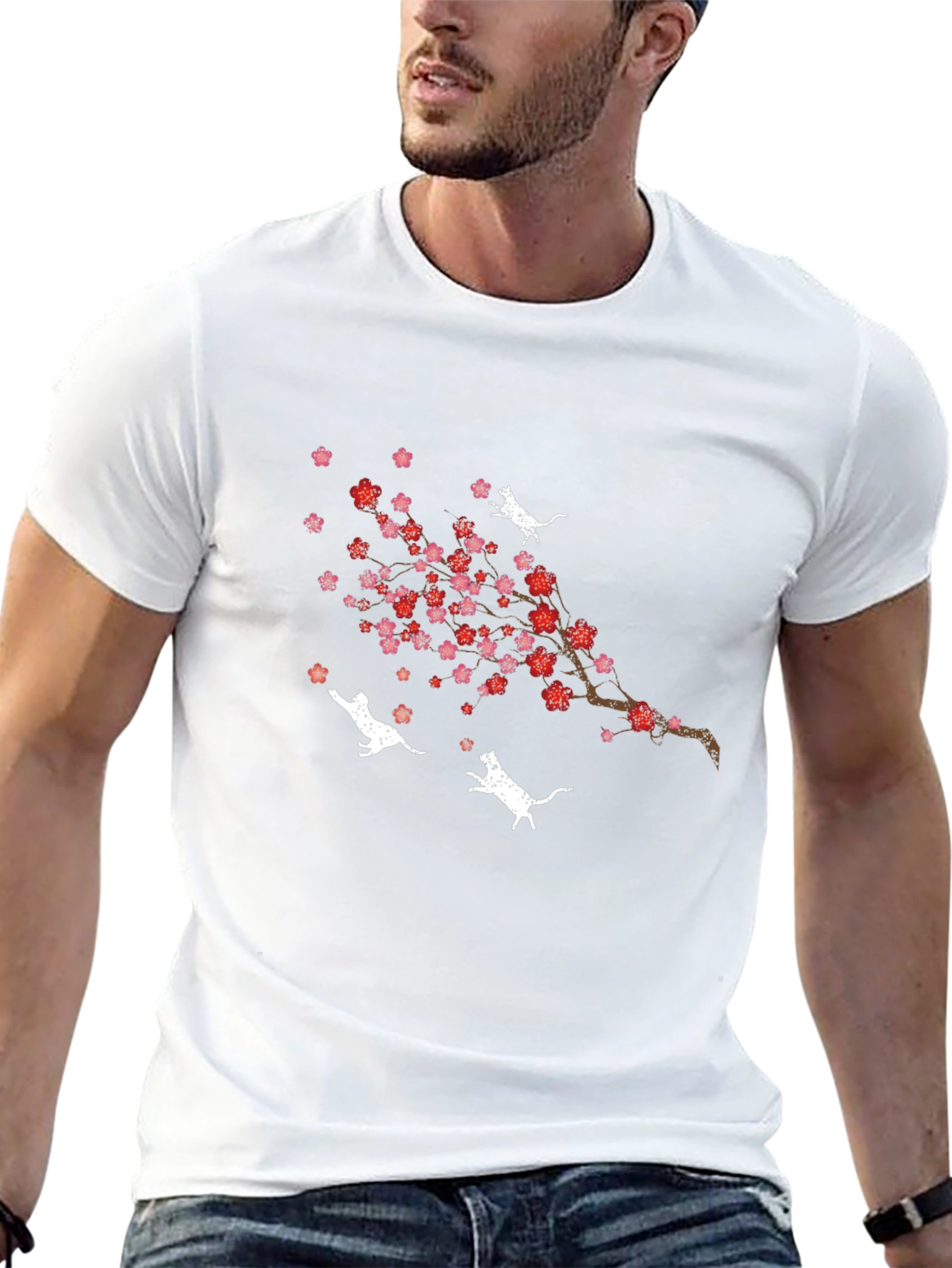 Cherry Blossom Cat T-Shirt - Unique Floral Design