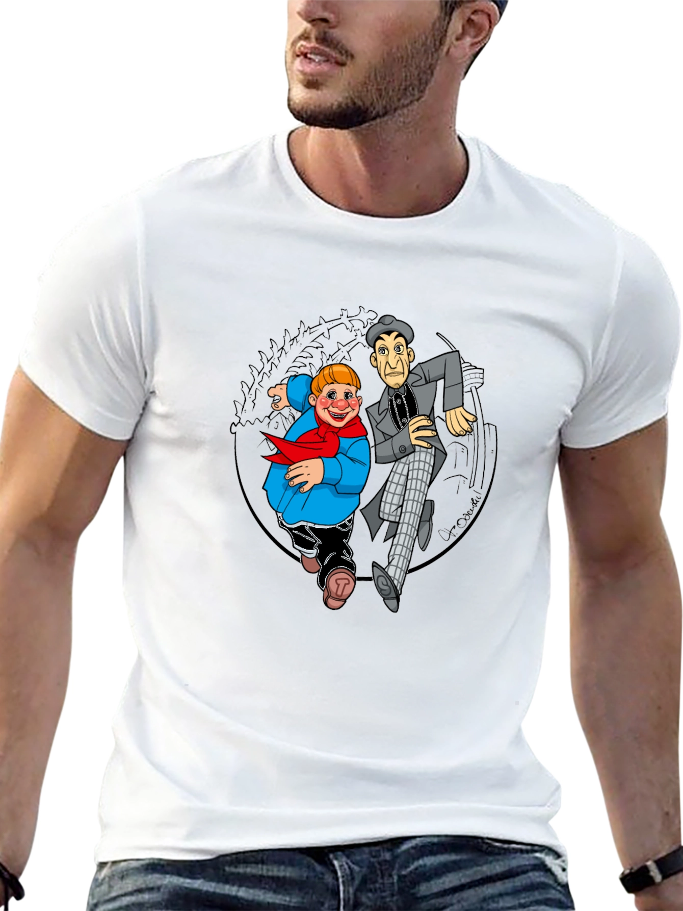Cartoon Duo Graphic T-Shirt - Black Crew Neck