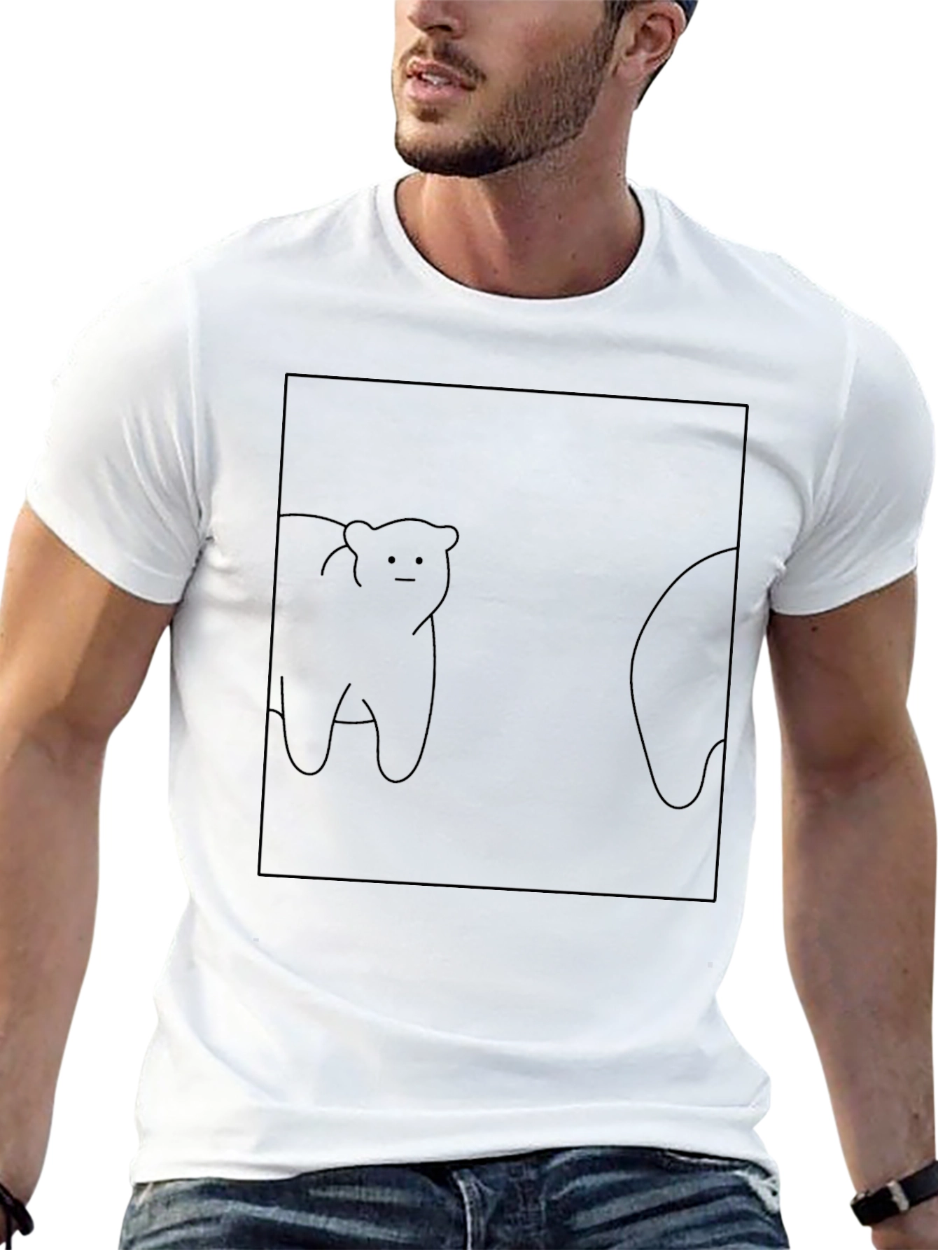 Minimalist Bear Line Art Black T-Shirt