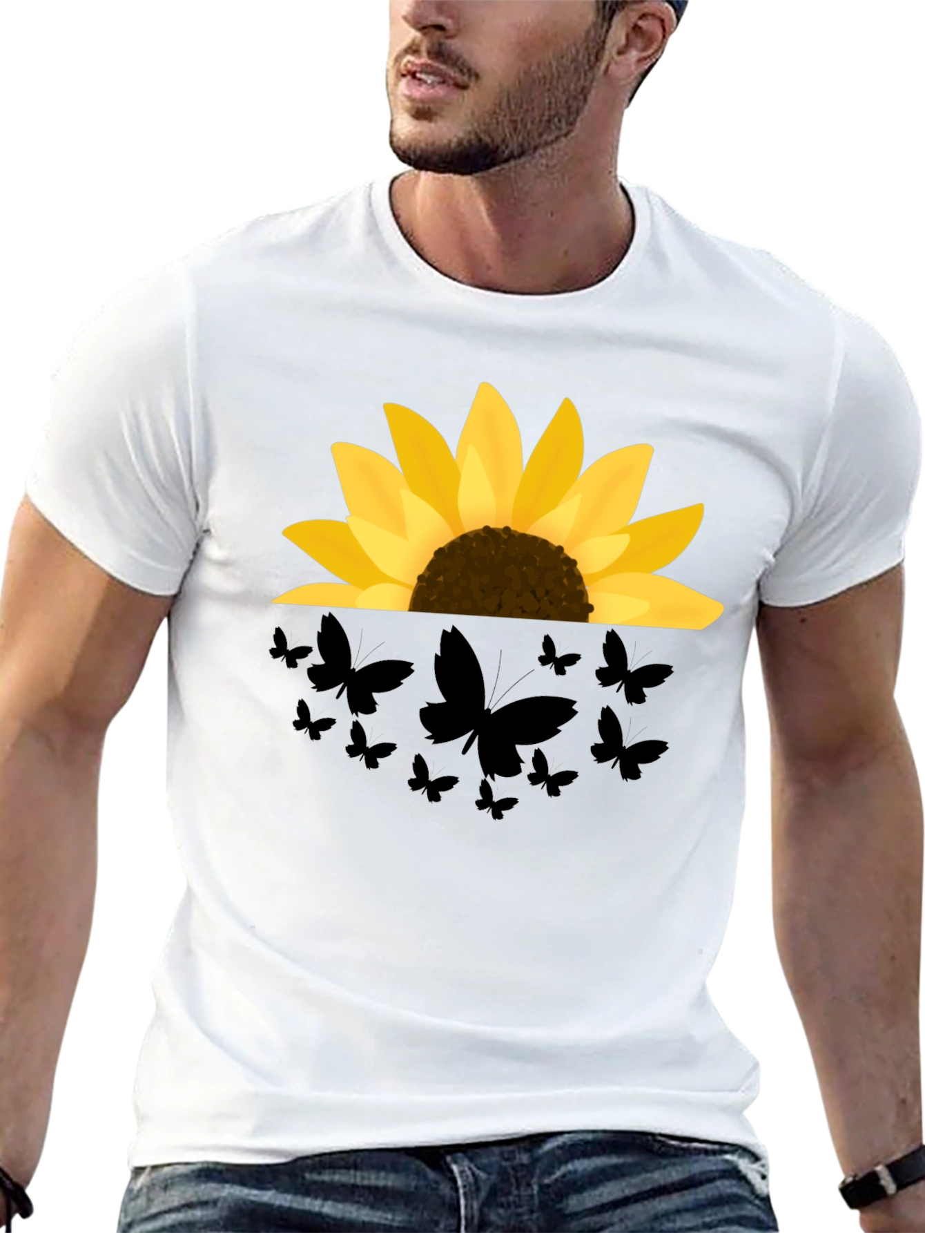 Sunflower Butterfly Graphic Black T-Shirt