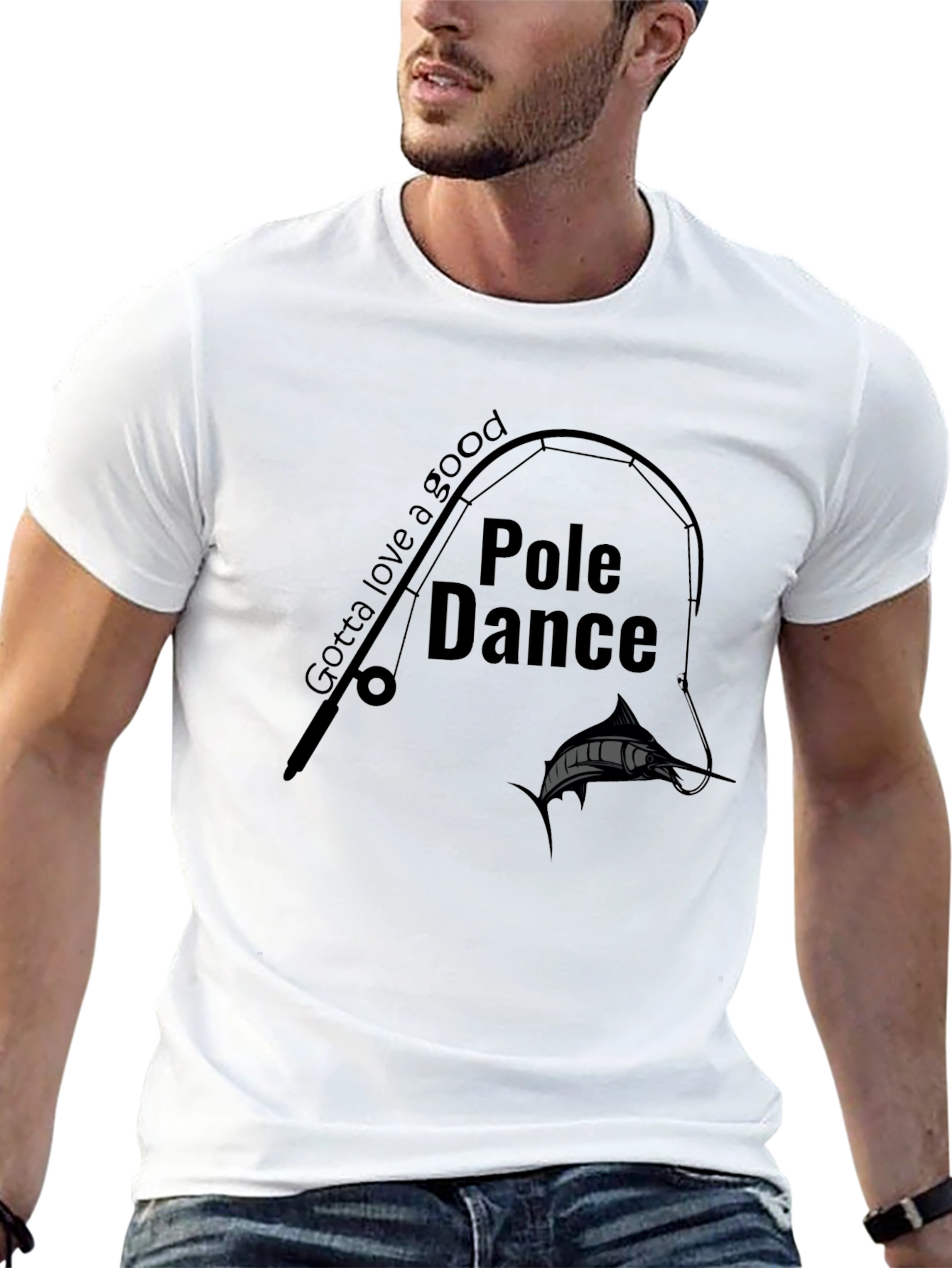 Pole Dance Fishing Graphic Tee - Black Crew Neck