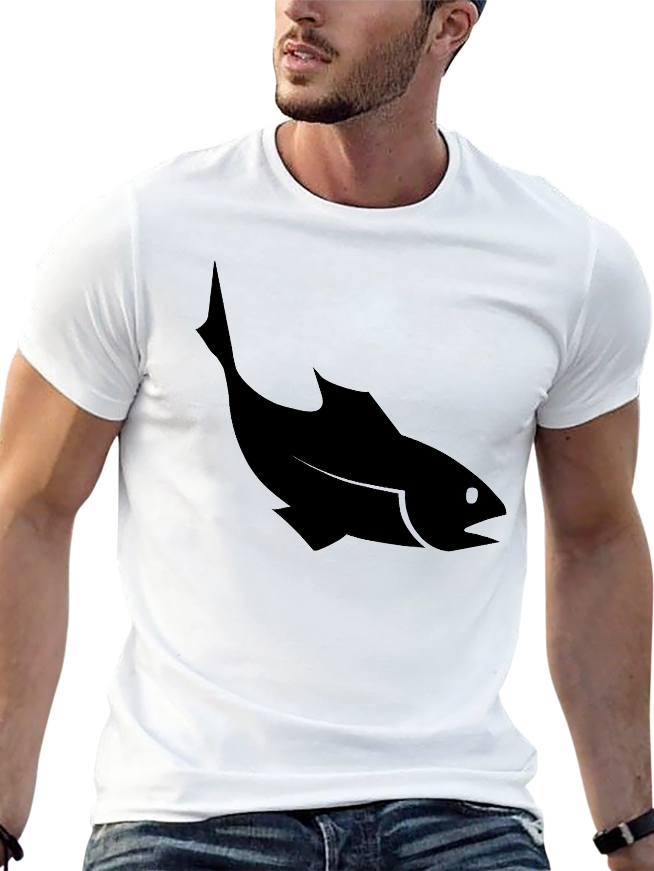 Mens Black T-Shirt with Fish Silhouette Graphic