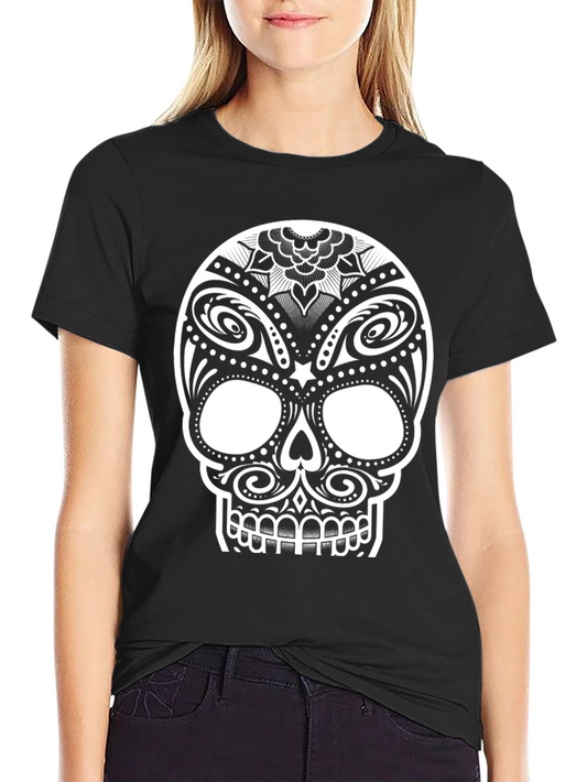 Black T-Shirt with Ornate Sugar Skull Design