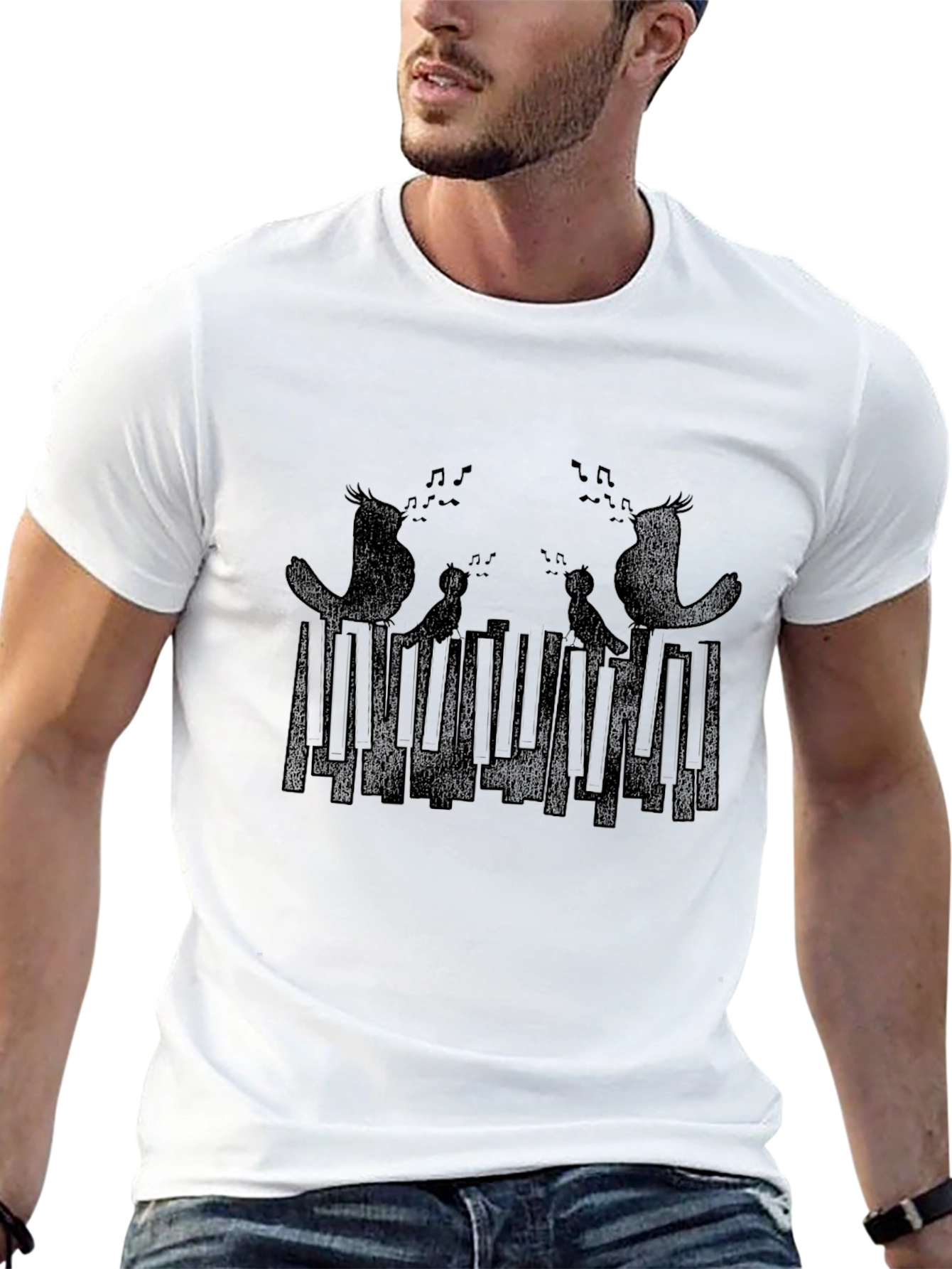 Musical Birds Graphic Print Black T-Shirt