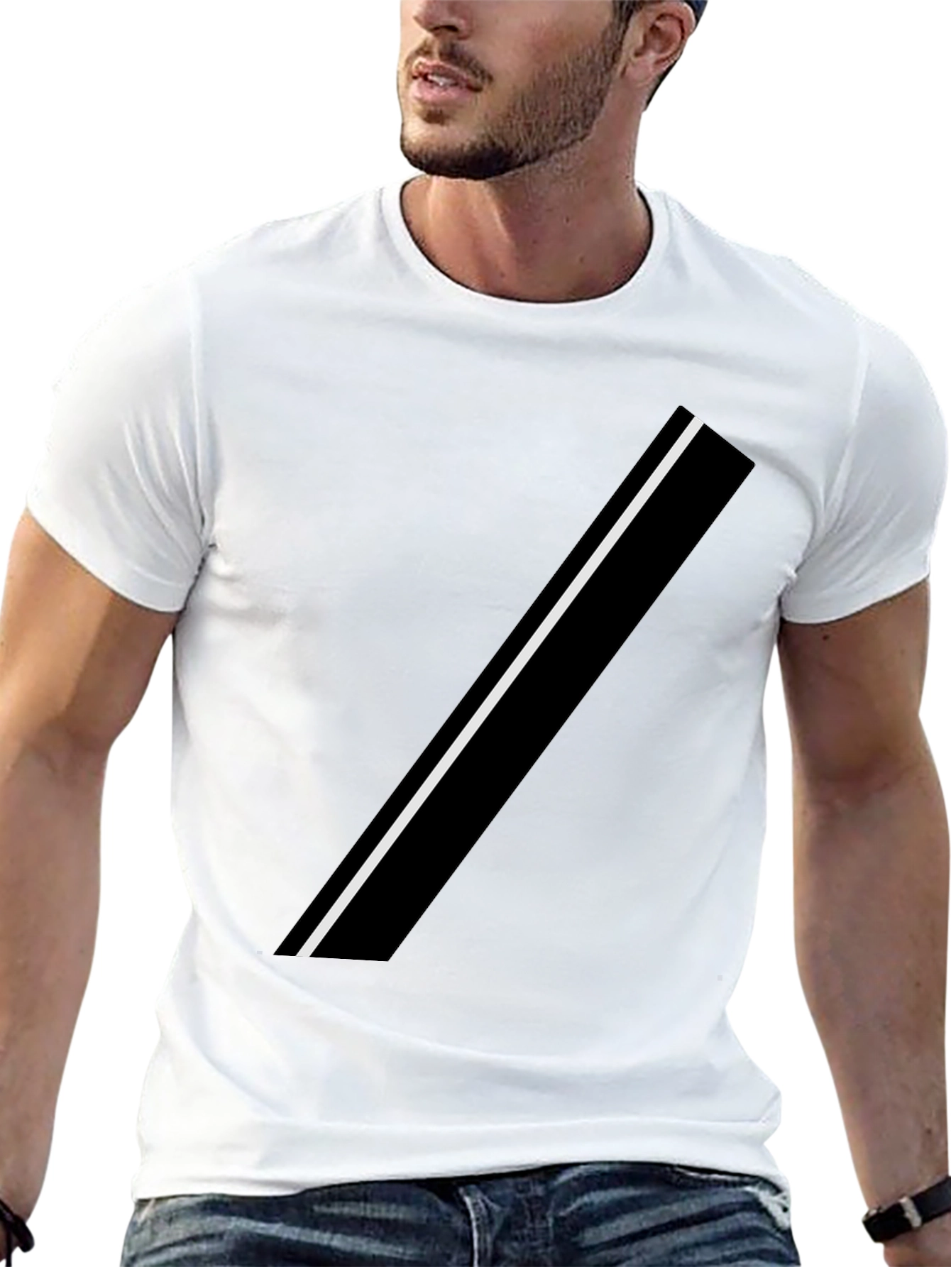 Modern Black Tee with Asymmetrical White Stripe