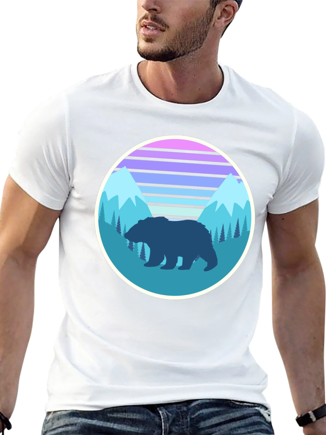 Retro Bear Mountain Graphic Tee - Black Cotton T-Shirt