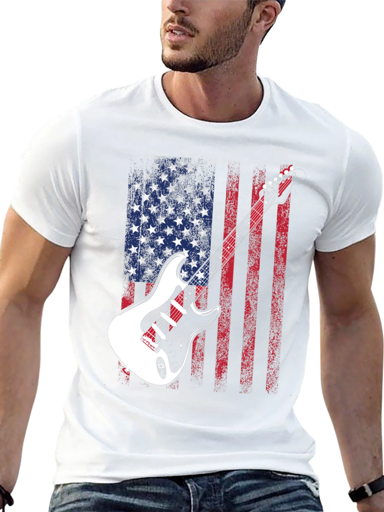 USA Flag Guitar Graphic Tee - Patriotic Rocker Style