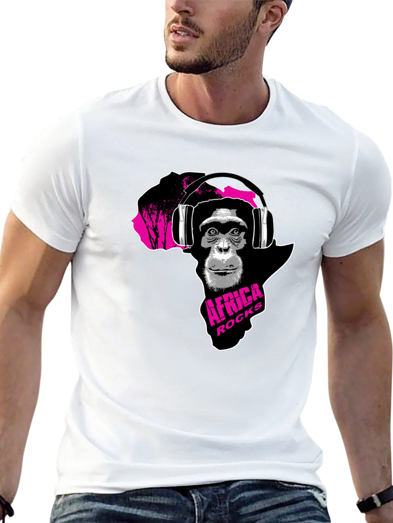 Africa Rocks Tee - Chimpanzee with Headphones Black T-Shirt