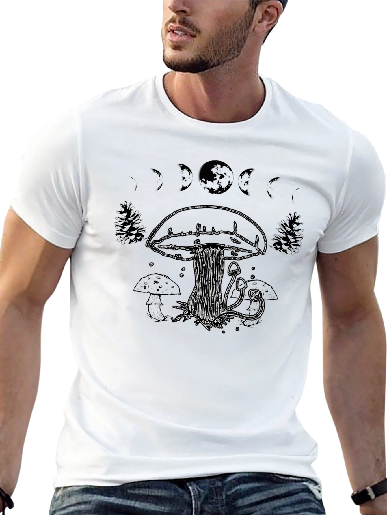 Mushroom Moon Phase T-Shirt - Black Cotton Tee