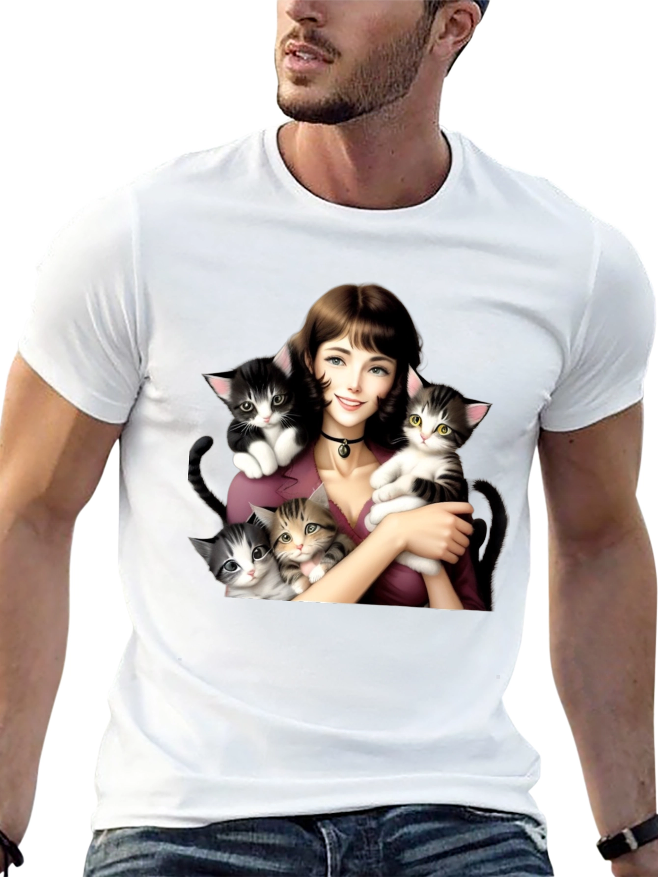Cute Kitten Lady Black T-Shirt
