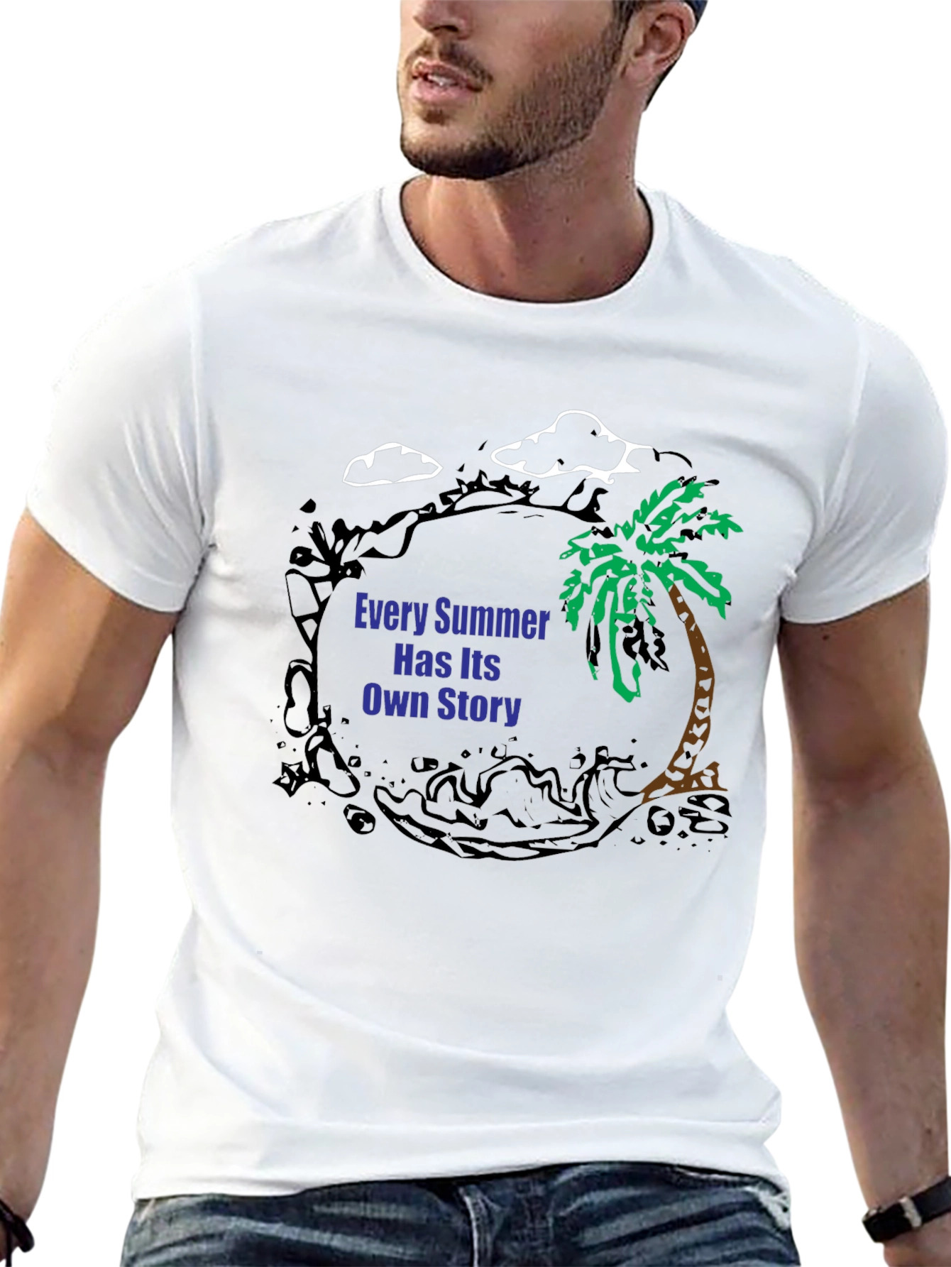 Summer Story Black T-Shirt: Palm Tree Design