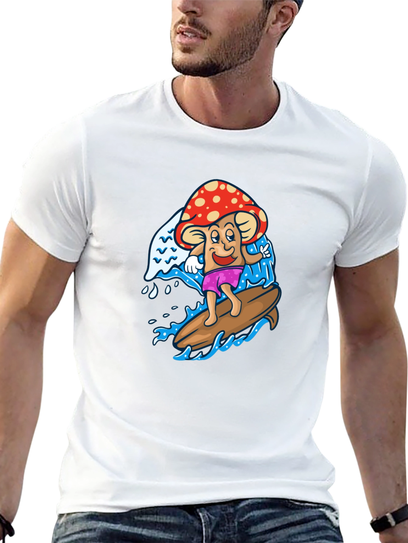Surfing Mushroom Graphic Tee - Cool Black T-Shirt