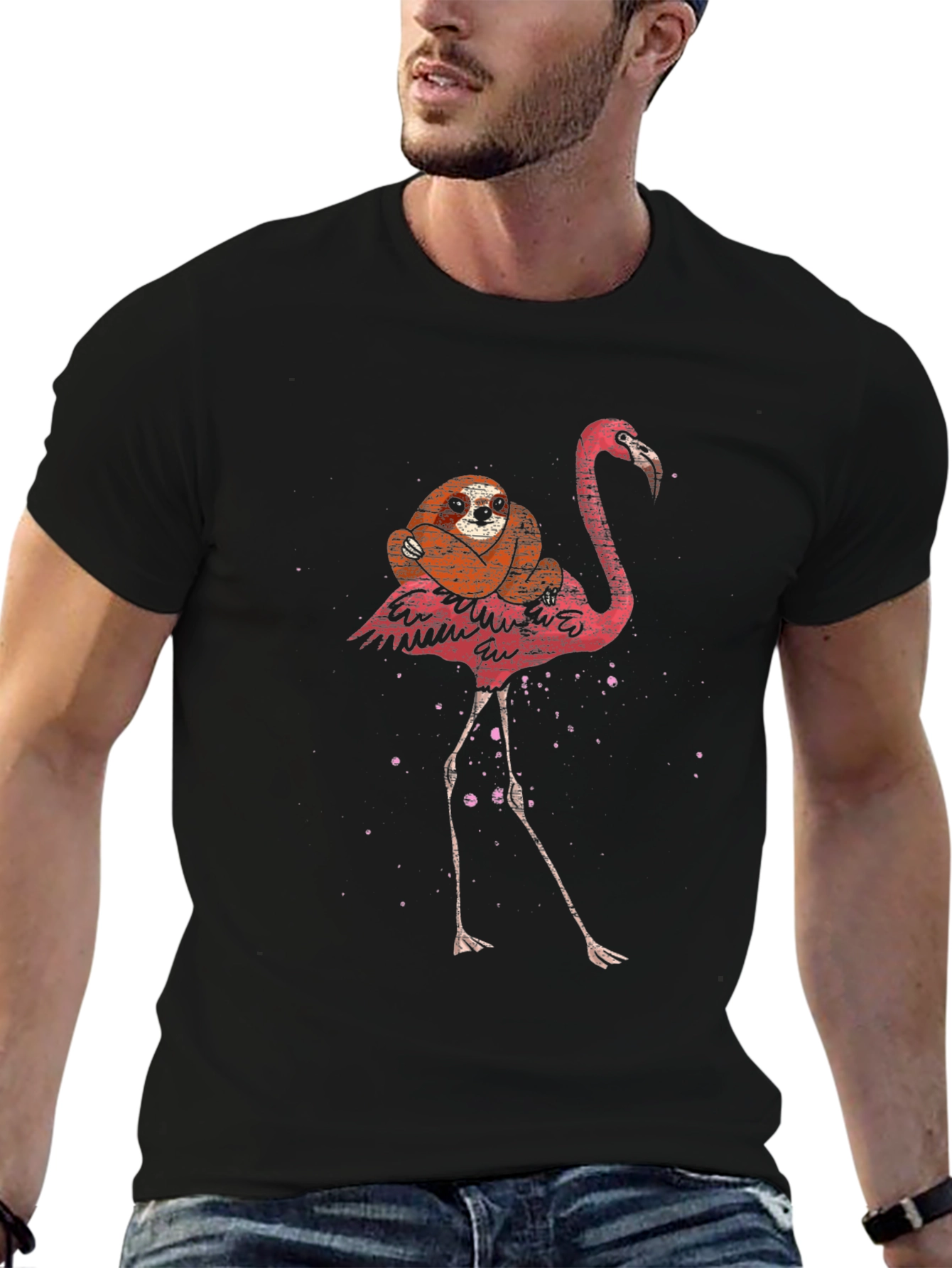 Sloth Riding Flamingo Graphic T-Shirt