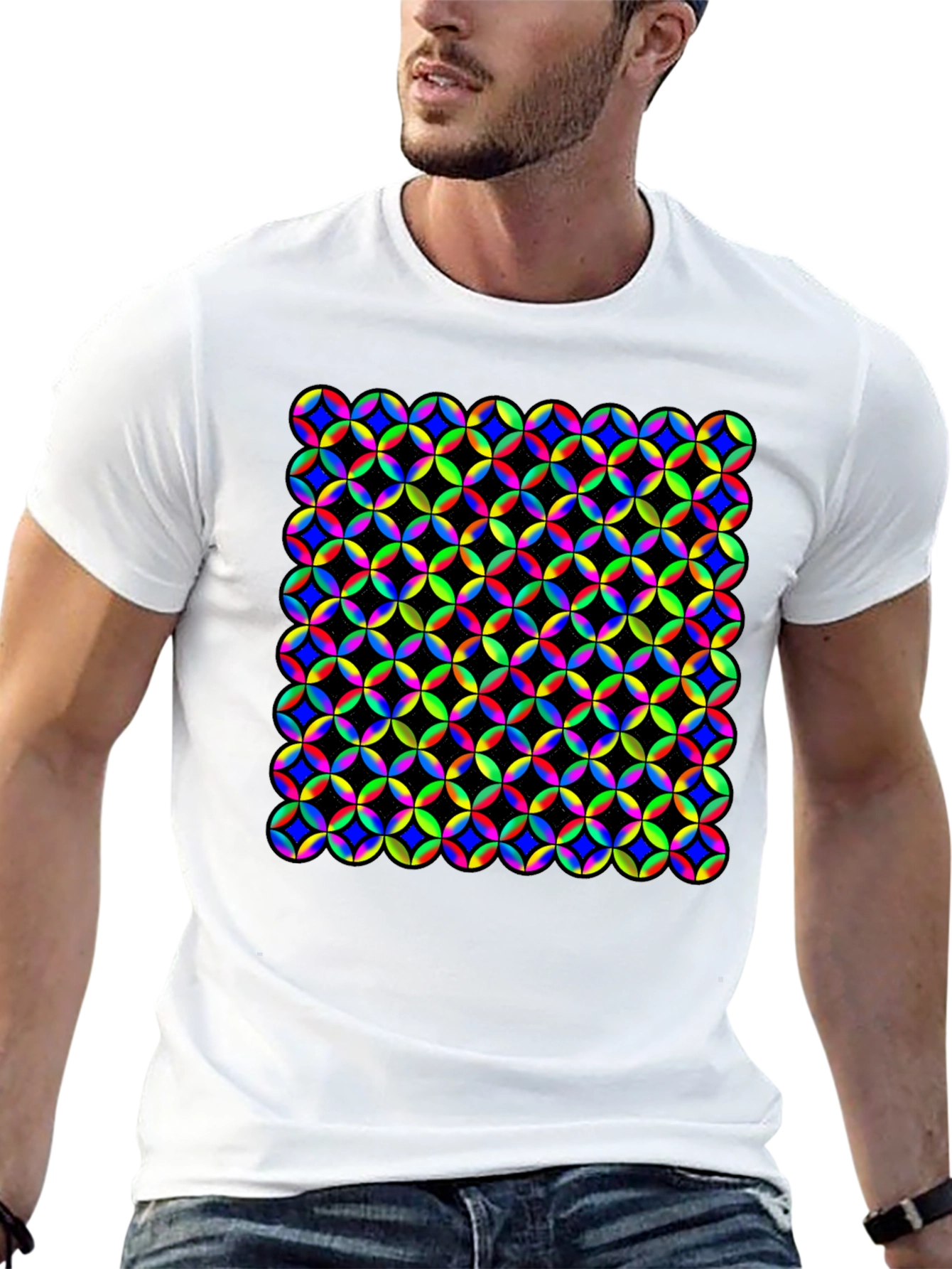 Vibrant Geometric Circle Pattern Black T-Shirt