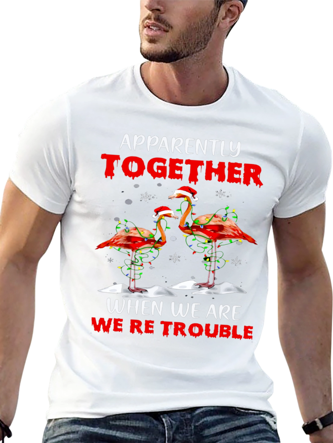 Funny Flamingo Christmas T-Shirt Together Were Trouble