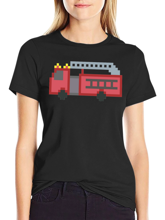 Pixel Fire Truck Graphic Tee - Black Cotton T-Shirt