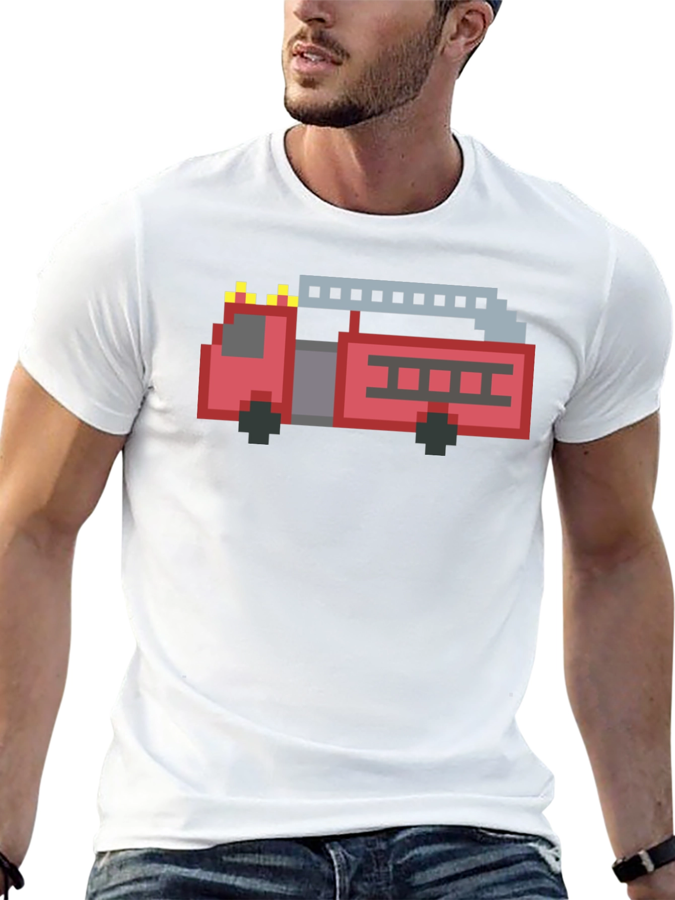 Pixel Fire Truck Graphic Tee - Black Cotton T-Shirt