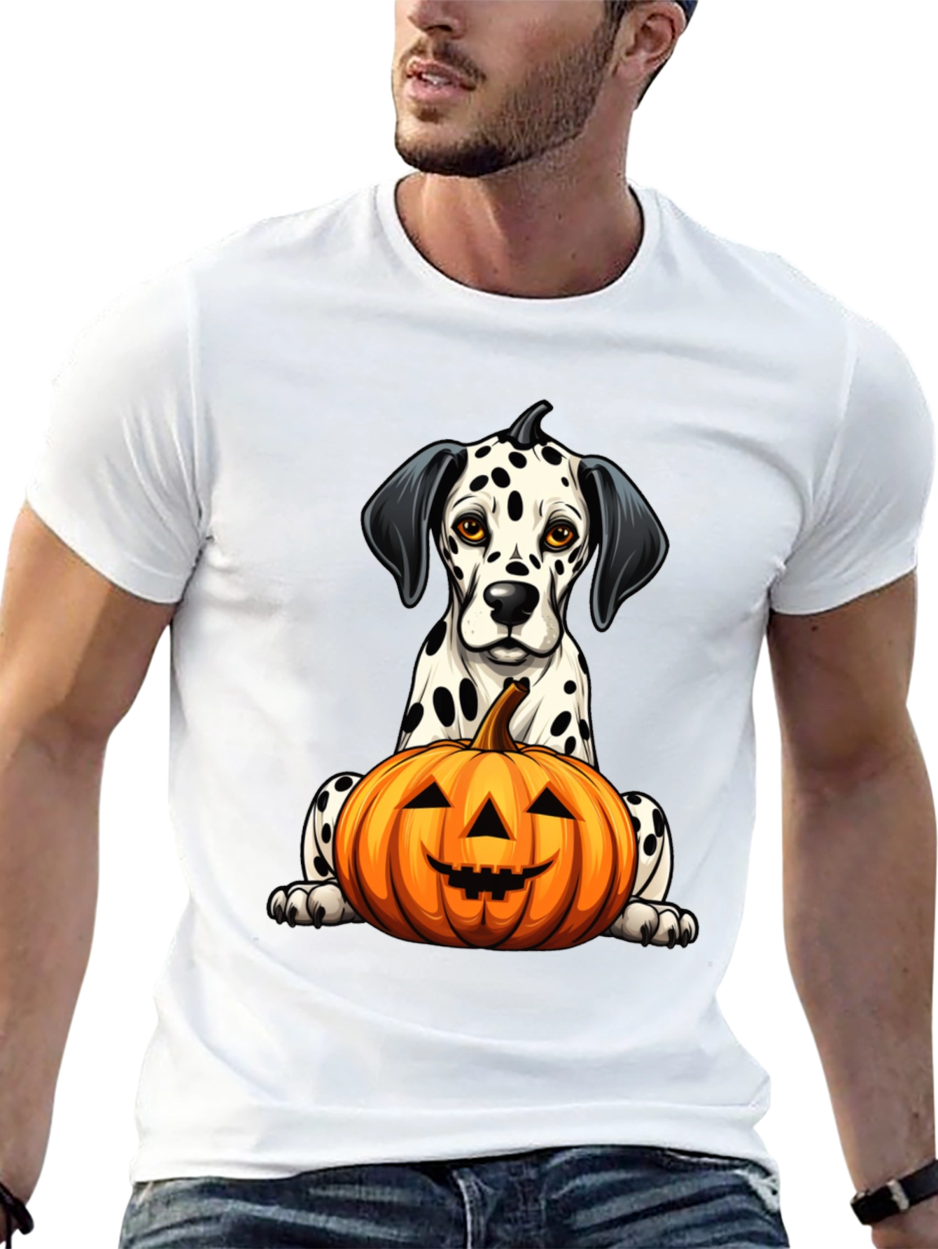 Halloween Dalmatian Dog with Pumpkin Black T-Shirt