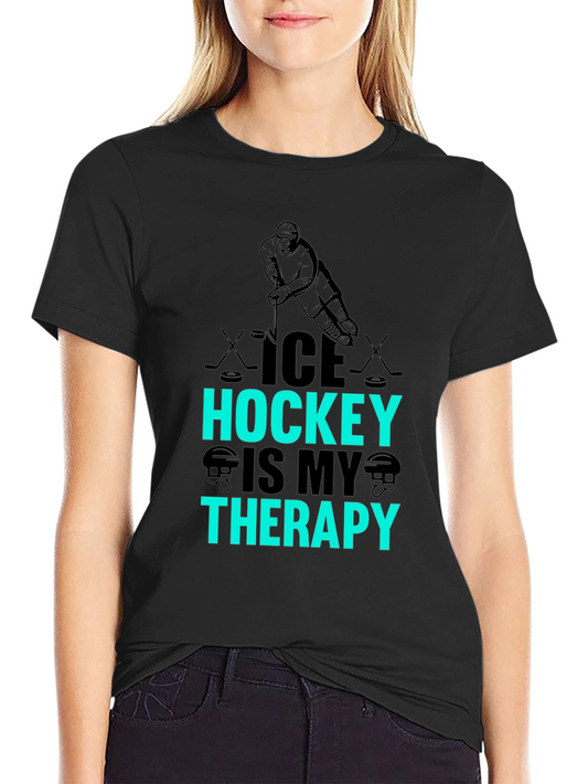 Ice Hockey Is My Therapy Black Graphic T-Shirt