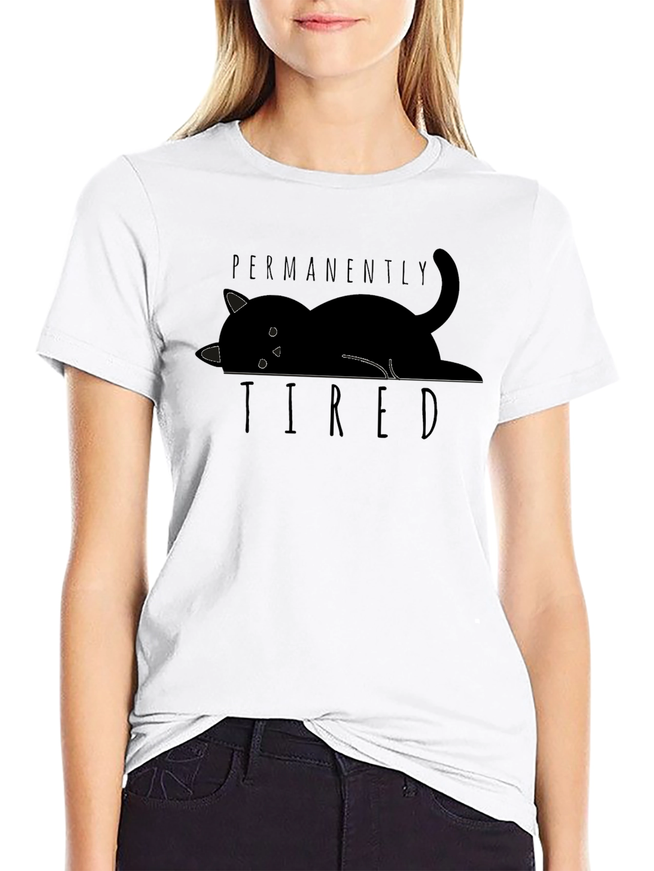 Permanently Tired Cat Graphic Black T-Shirt