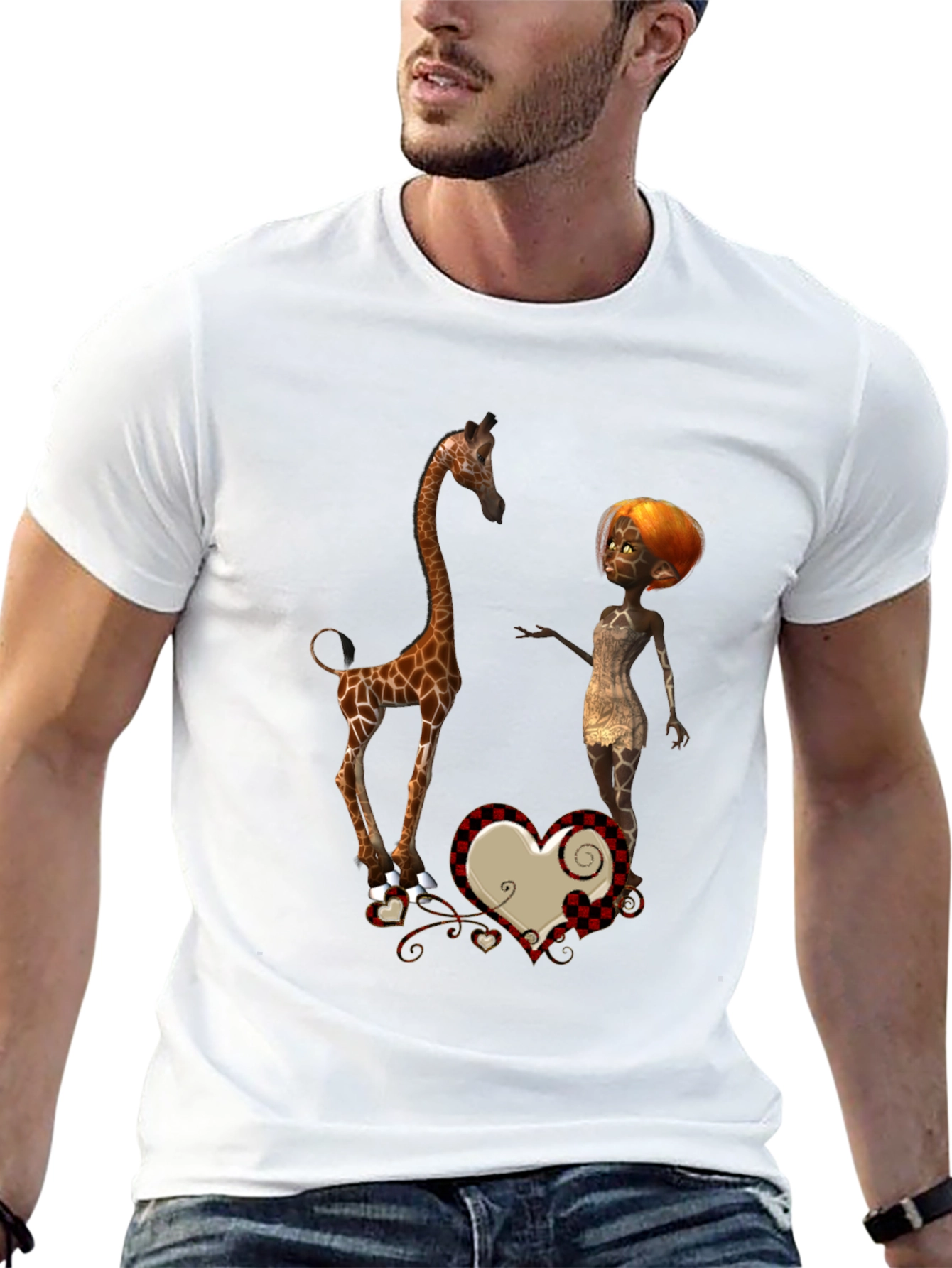 Giraffe & Cartoon Woman Graphic Black T-Shirt