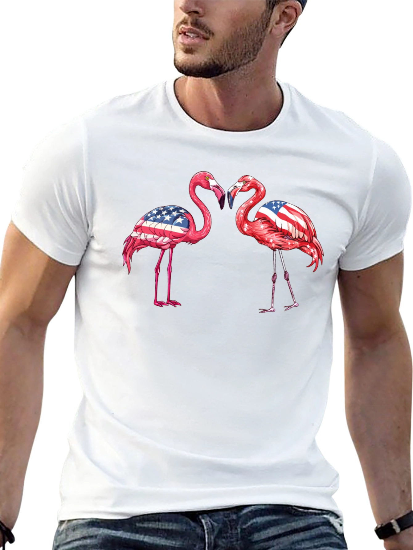 Patriotic Flamingo USA Flag Graphic T-Shirt