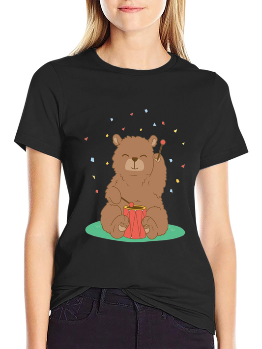 Bear Drummer Graphic T-Shirt - Black Cotton Tee