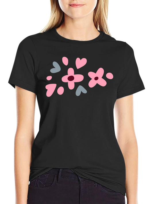 Floral Heart Print Black T-Shirt