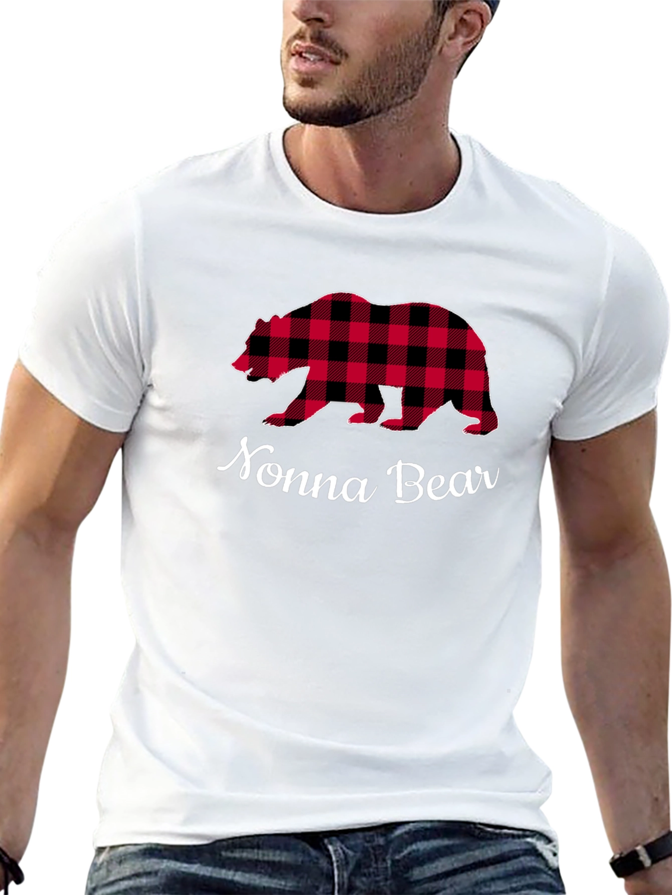 Nonna Bear Plaid Graphic Tee - Black Cotton Shirt