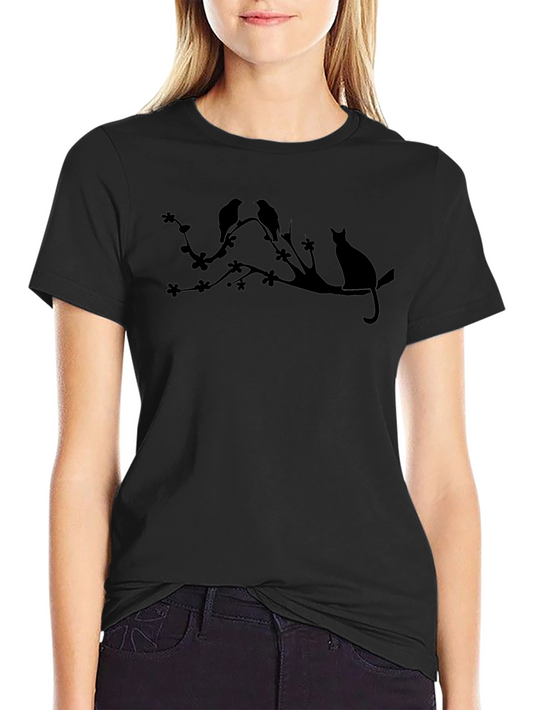 Black Cat & Birds Branch T-Shirt - Unique Silhouette Design