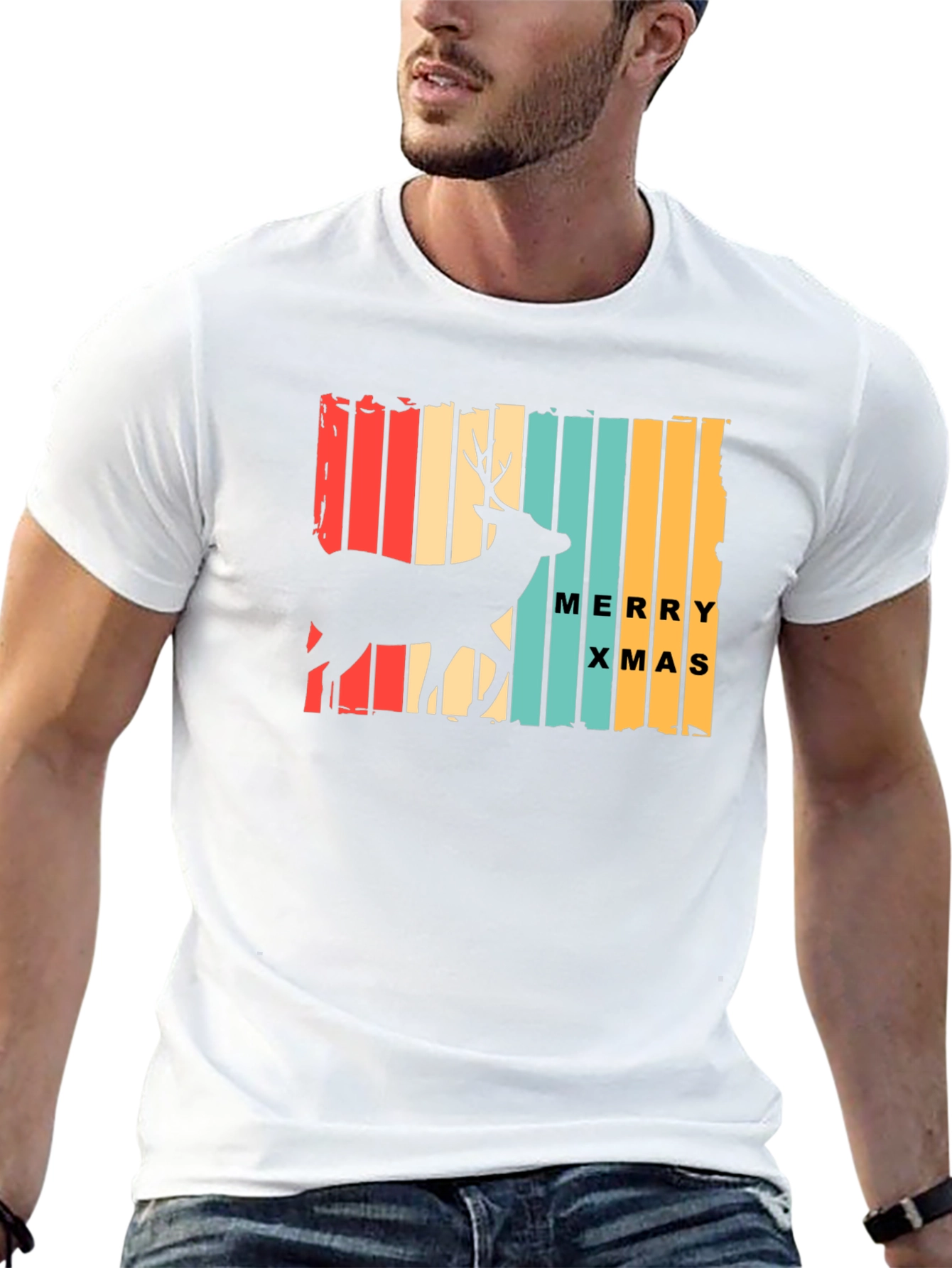 Retro Merry Xmas Deer Graphic T-Shirt