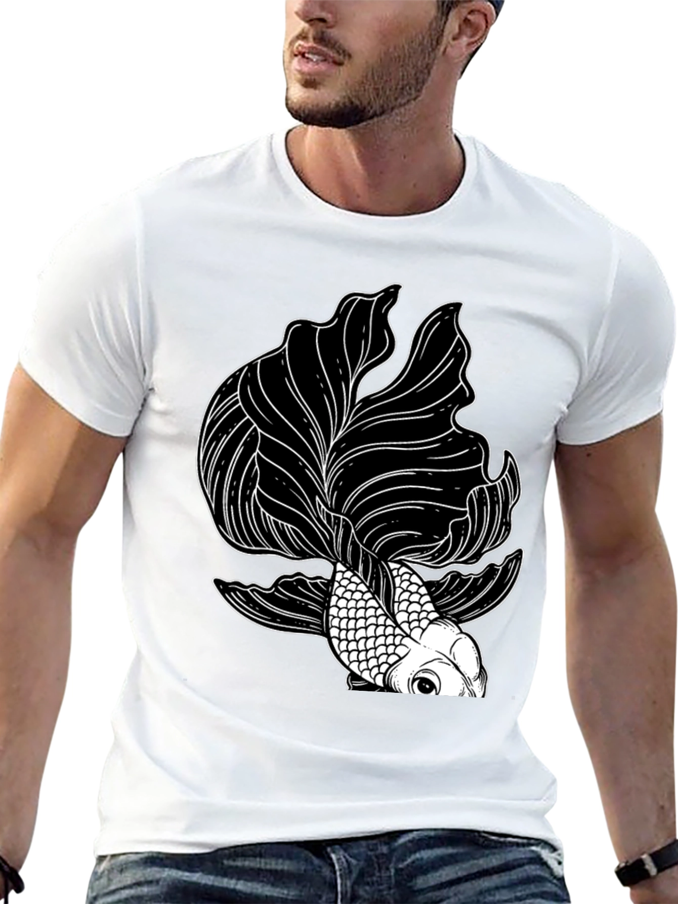 Black T-Shirt with Koi Fish Graphic