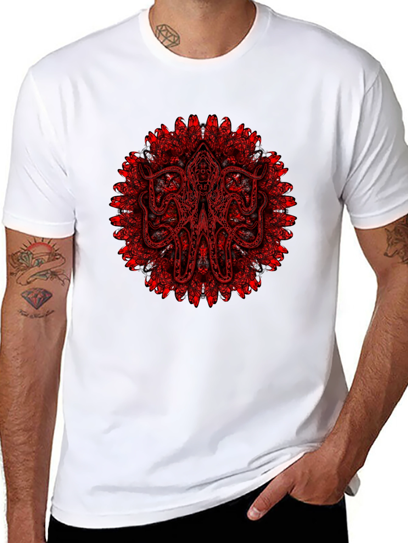 Red Cthulhu Mandala Black T-Shirt