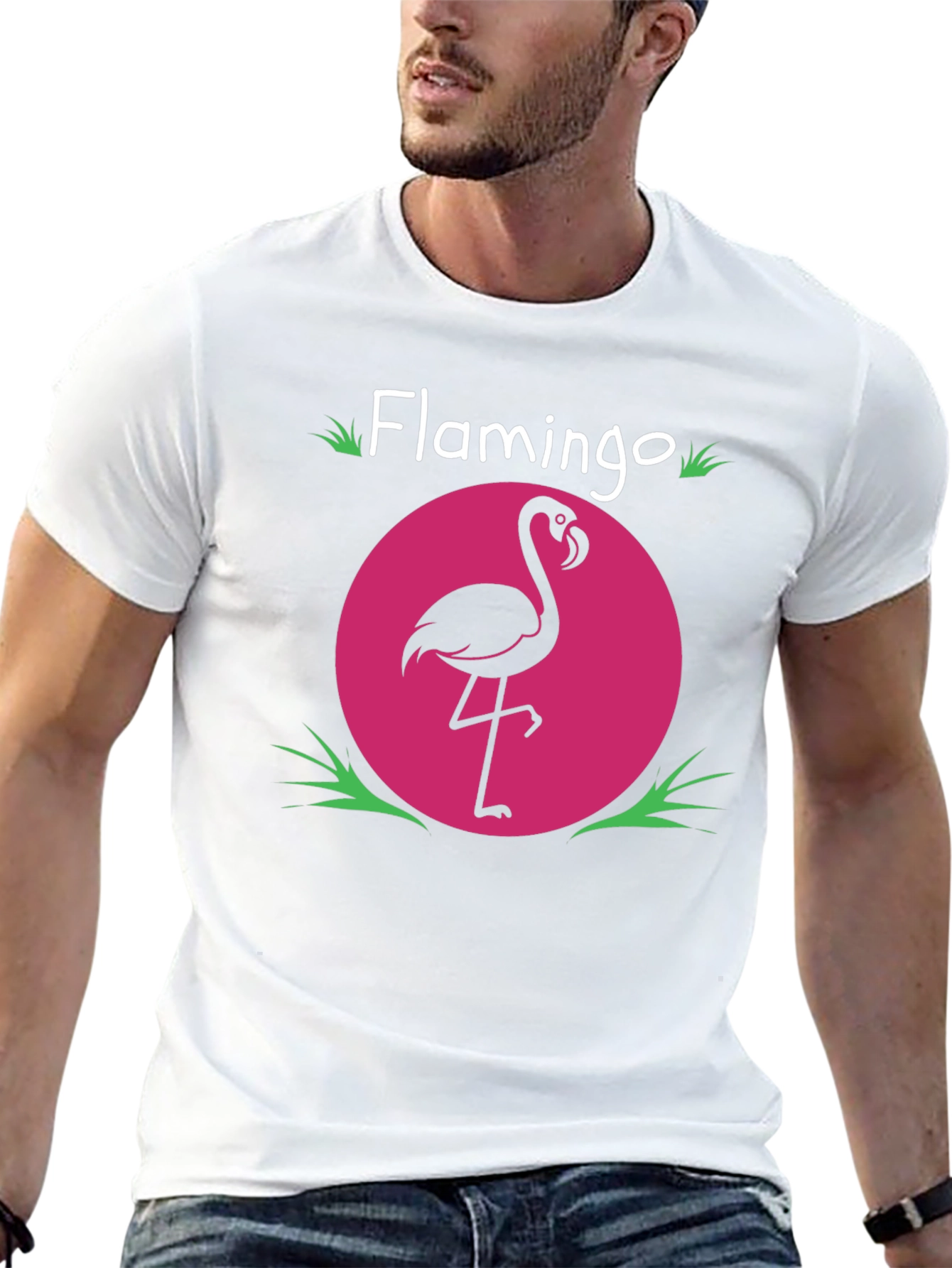 Flamingo Graphic Tee - Pink Circle Design Black T-Shirt
