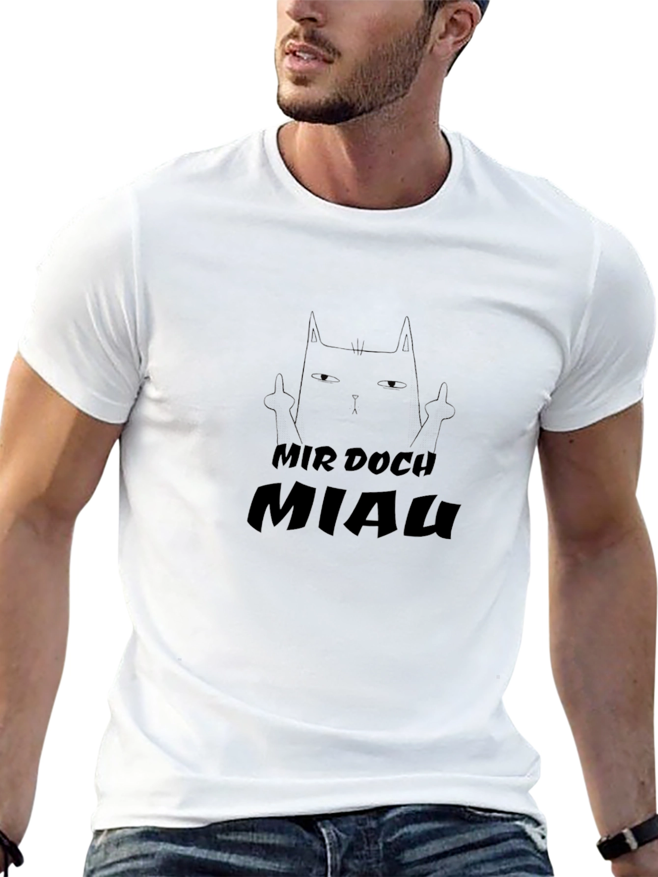 Black T-Shirt with Mir Doch Miau Cat Design