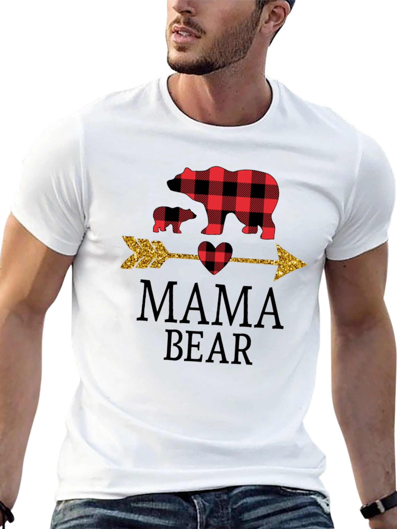 Mama Bear Graphic Tee - Cute Plaid Bear Design