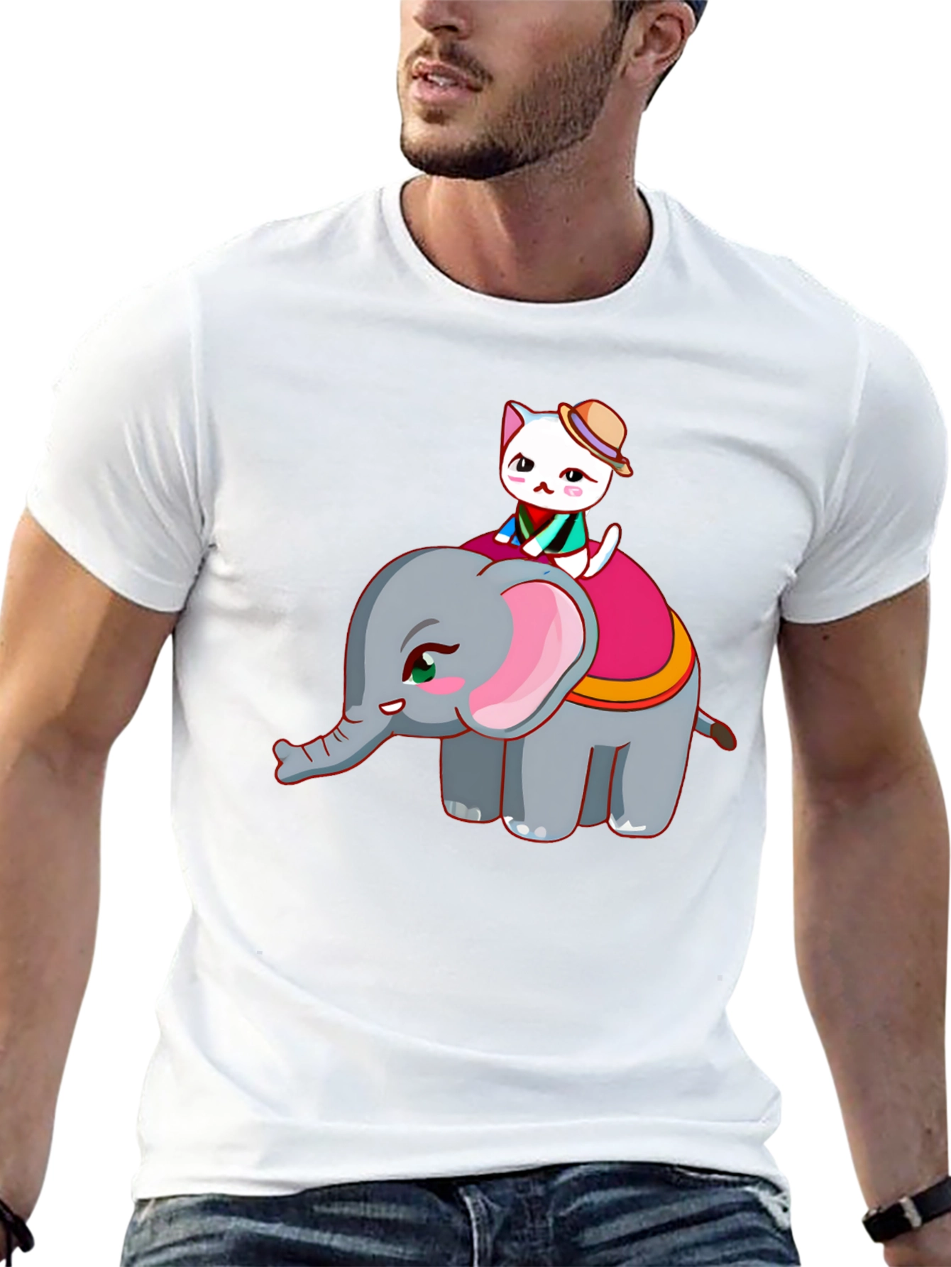 Cute Cat Riding Elephant Graphic T-Shirt
