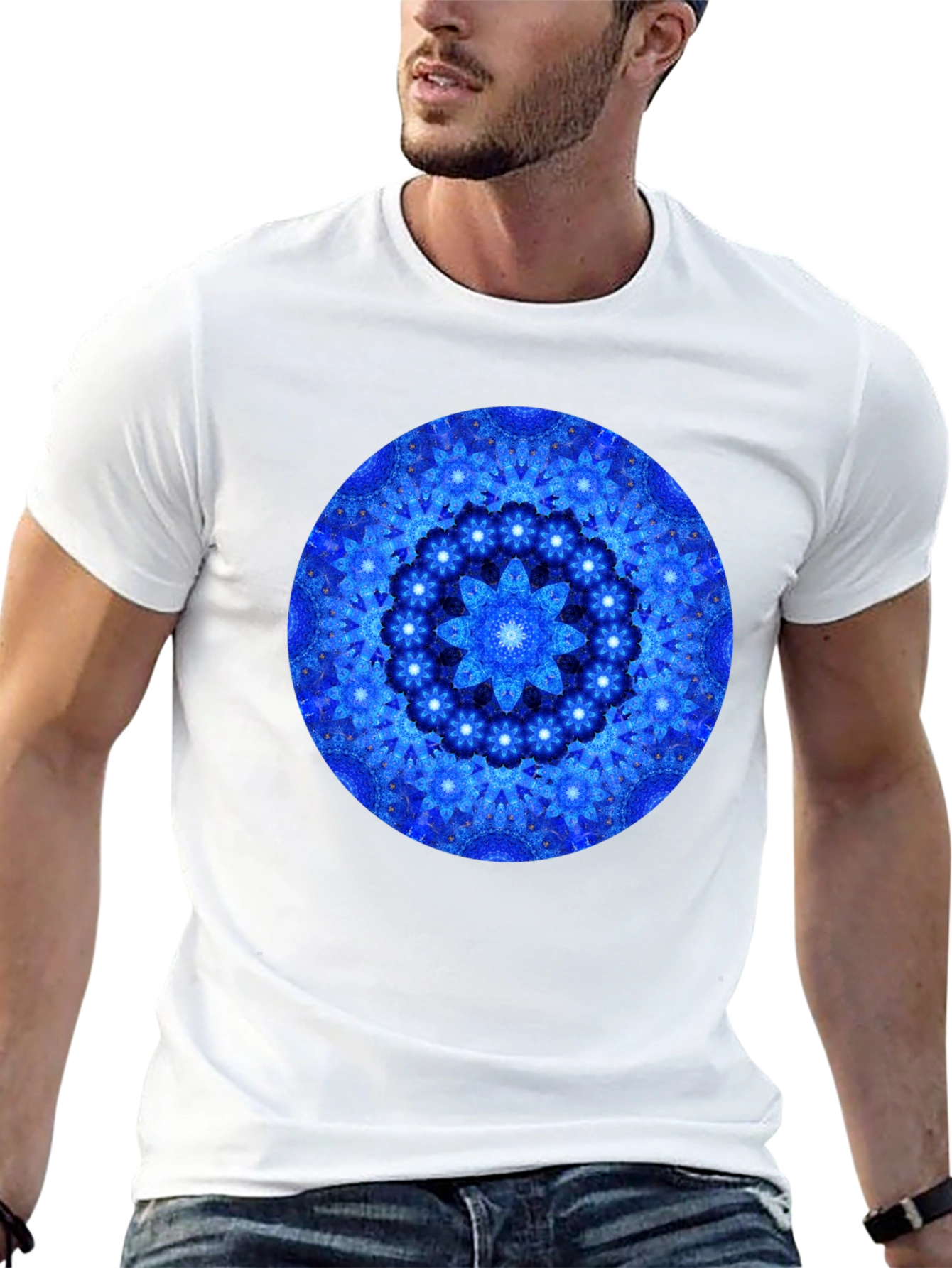Blue Mandala Graphic Print Black T-Shirt