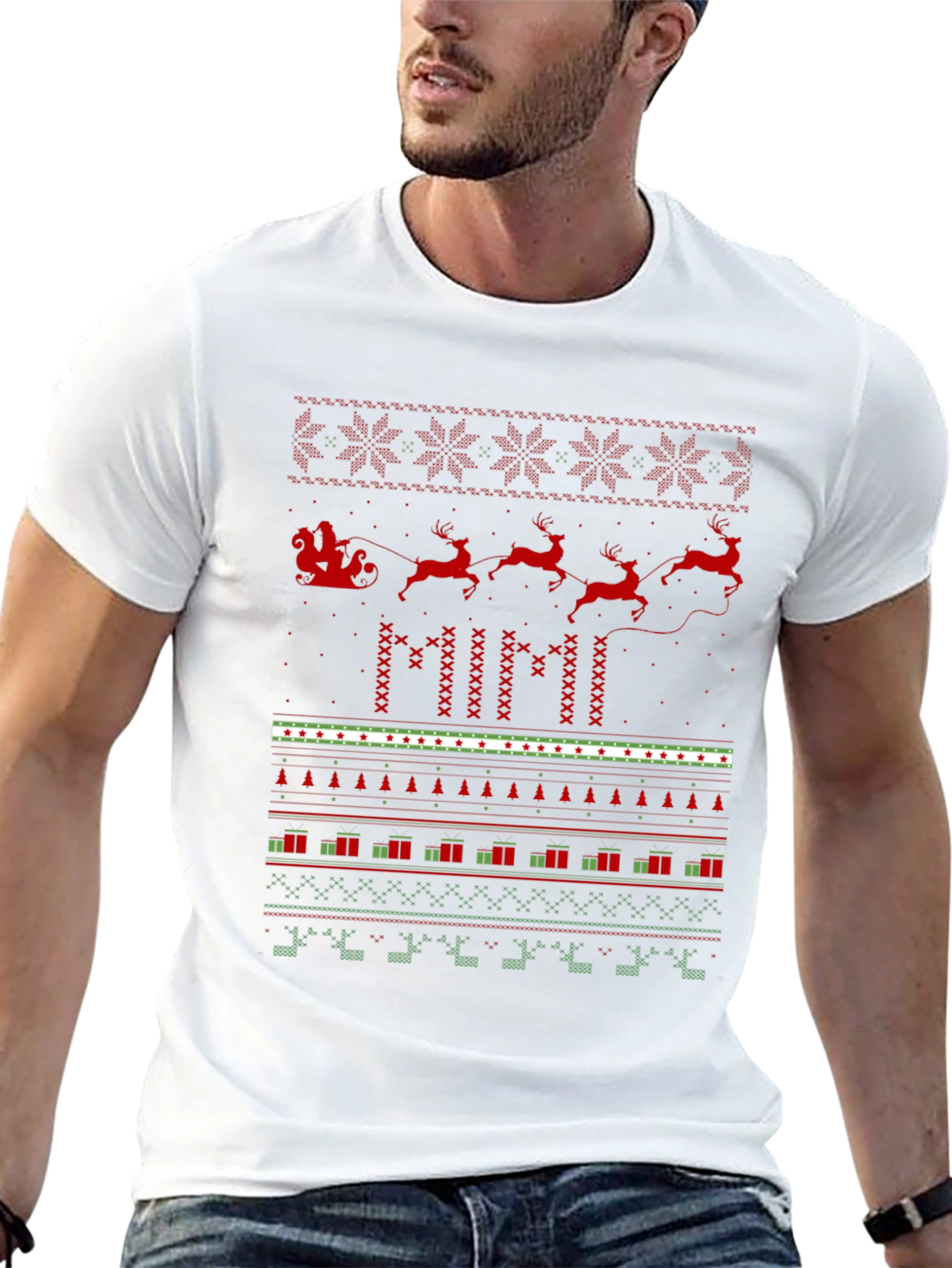Christmas Santa Sleigh Ugly Sweater Pattern T-Shirt