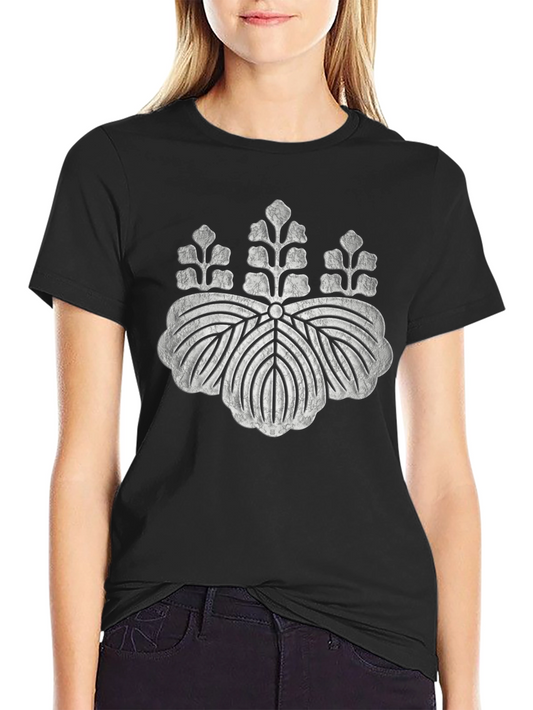 Black T-Shirt with Distressed Japanese Crest Design